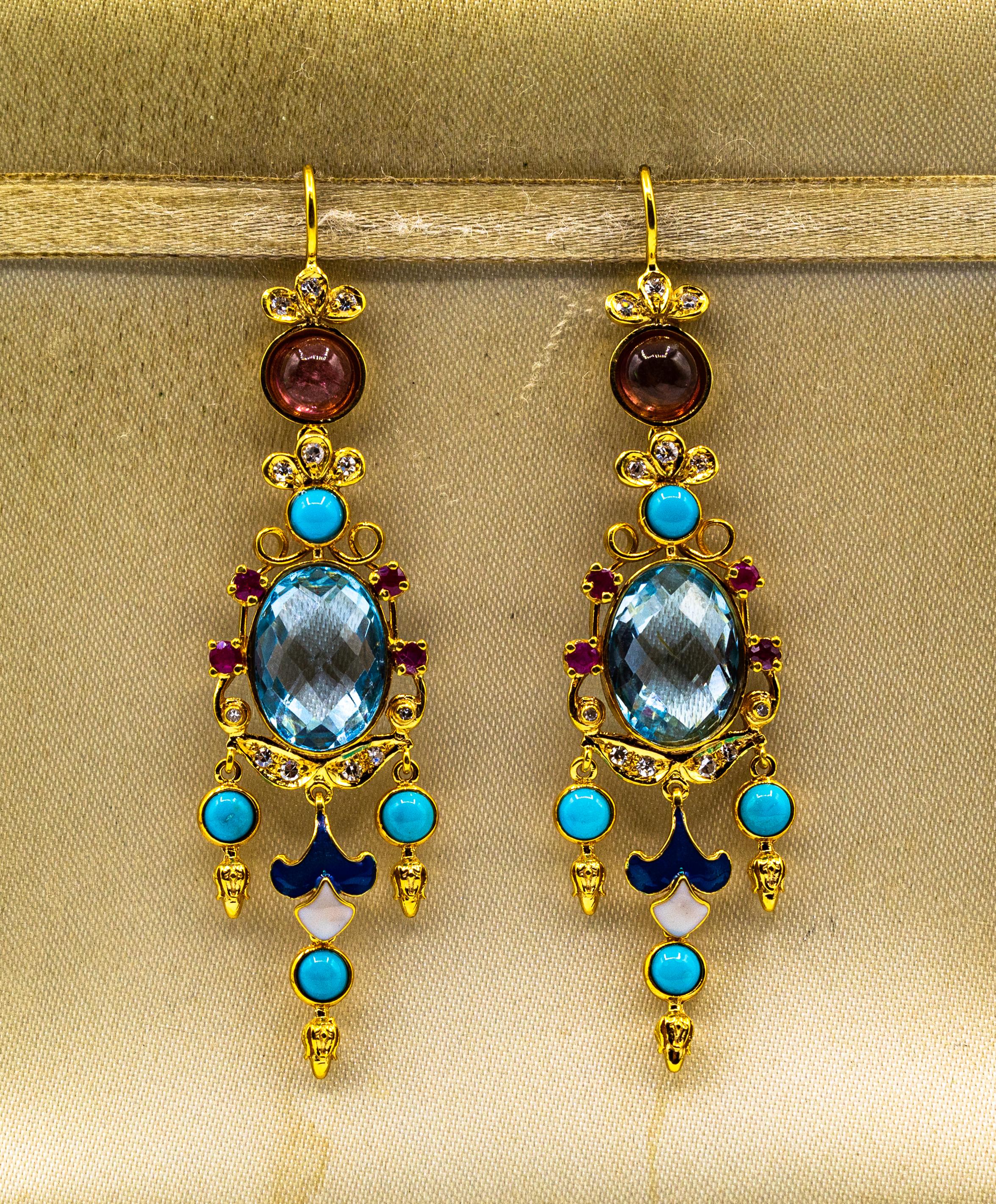 White Diamond Ruby Blue Topaz Turquoise Enamel Tourmaline Yellow Gold Earrings For Sale 1