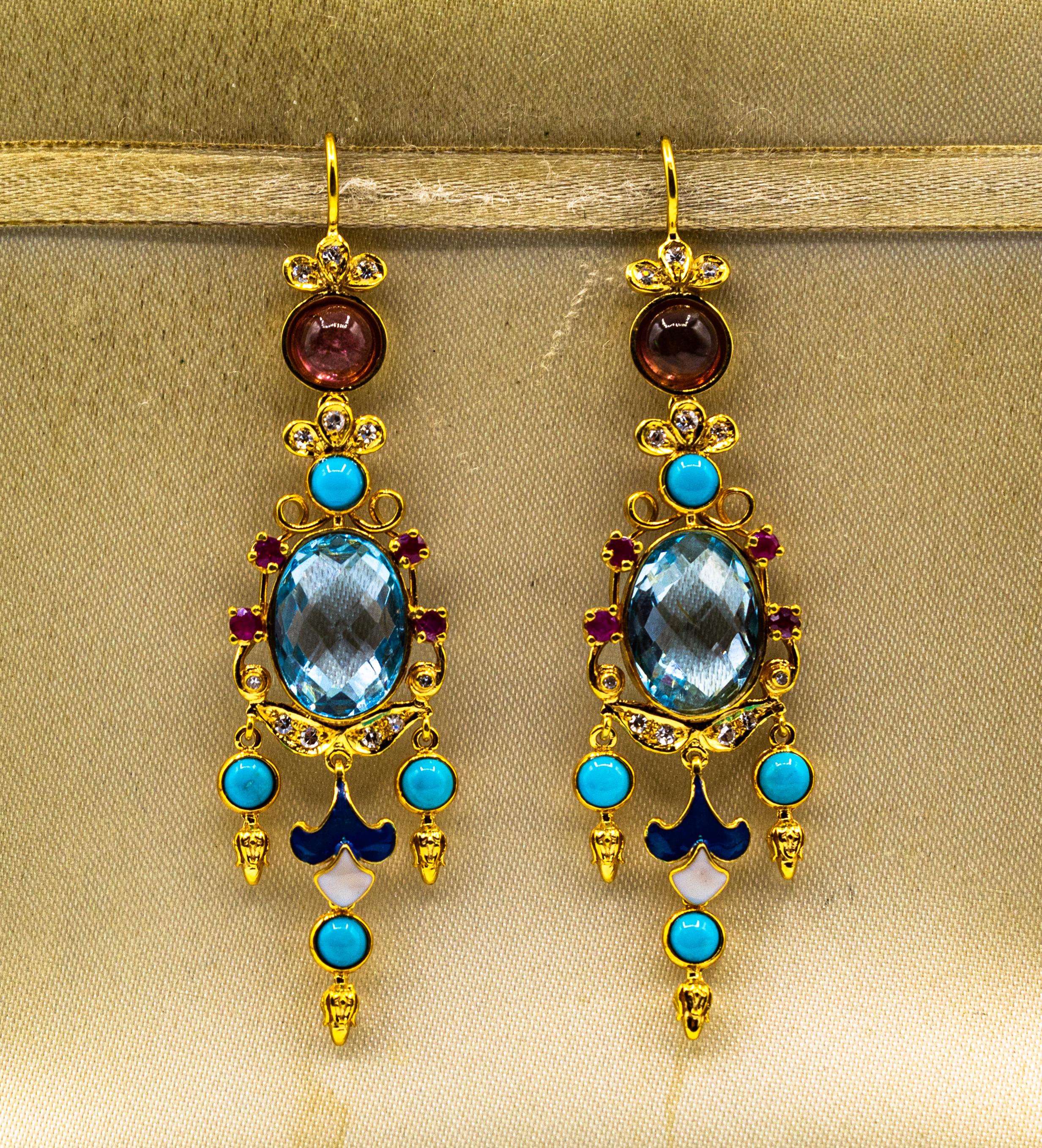 White Diamond Ruby Blue Topaz Turquoise Enamel Tourmaline Yellow Gold Earrings For Sale 2