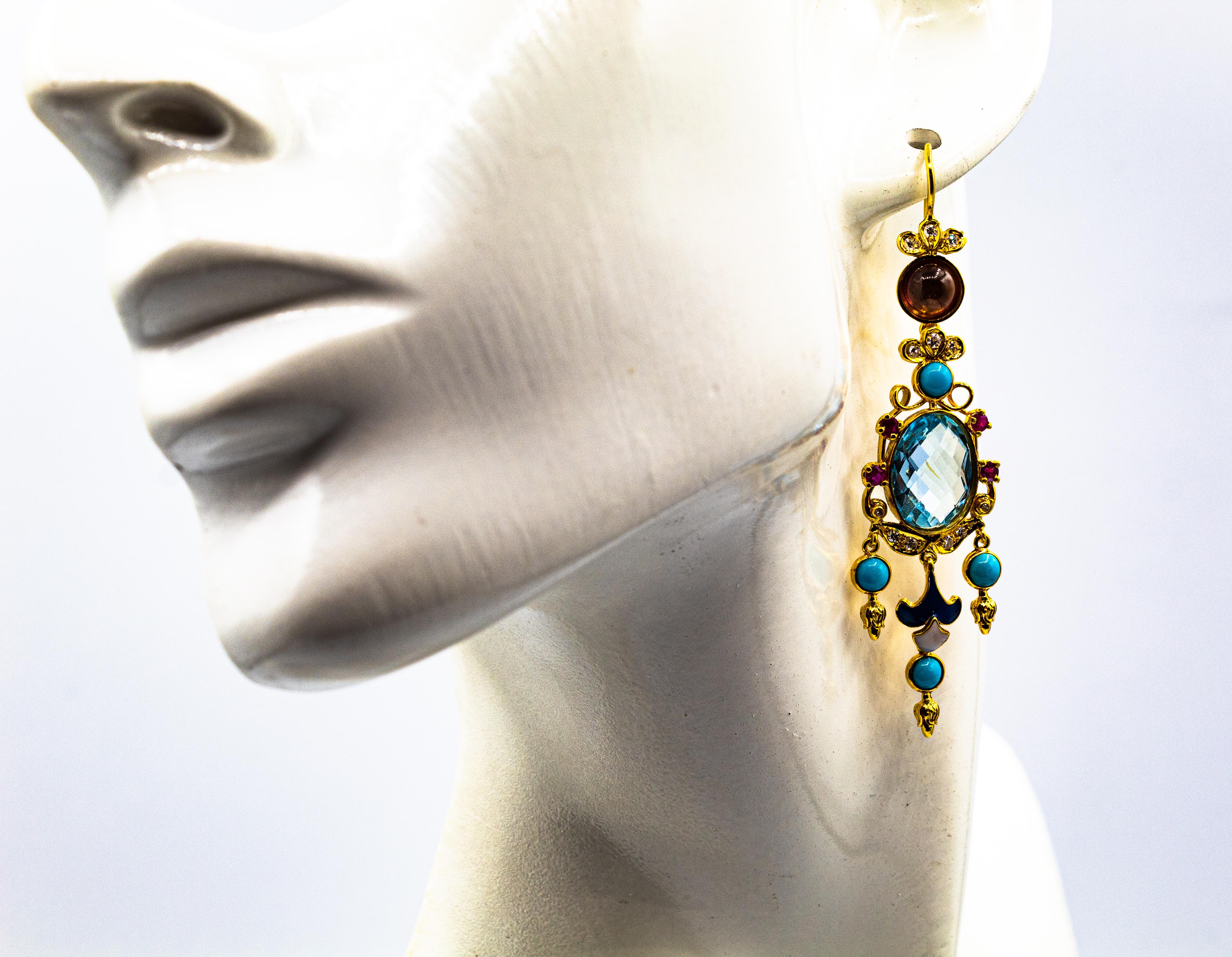 White Diamond Ruby Blue Topaz Turquoise Enamel Tourmaline Yellow Gold Earrings For Sale 3