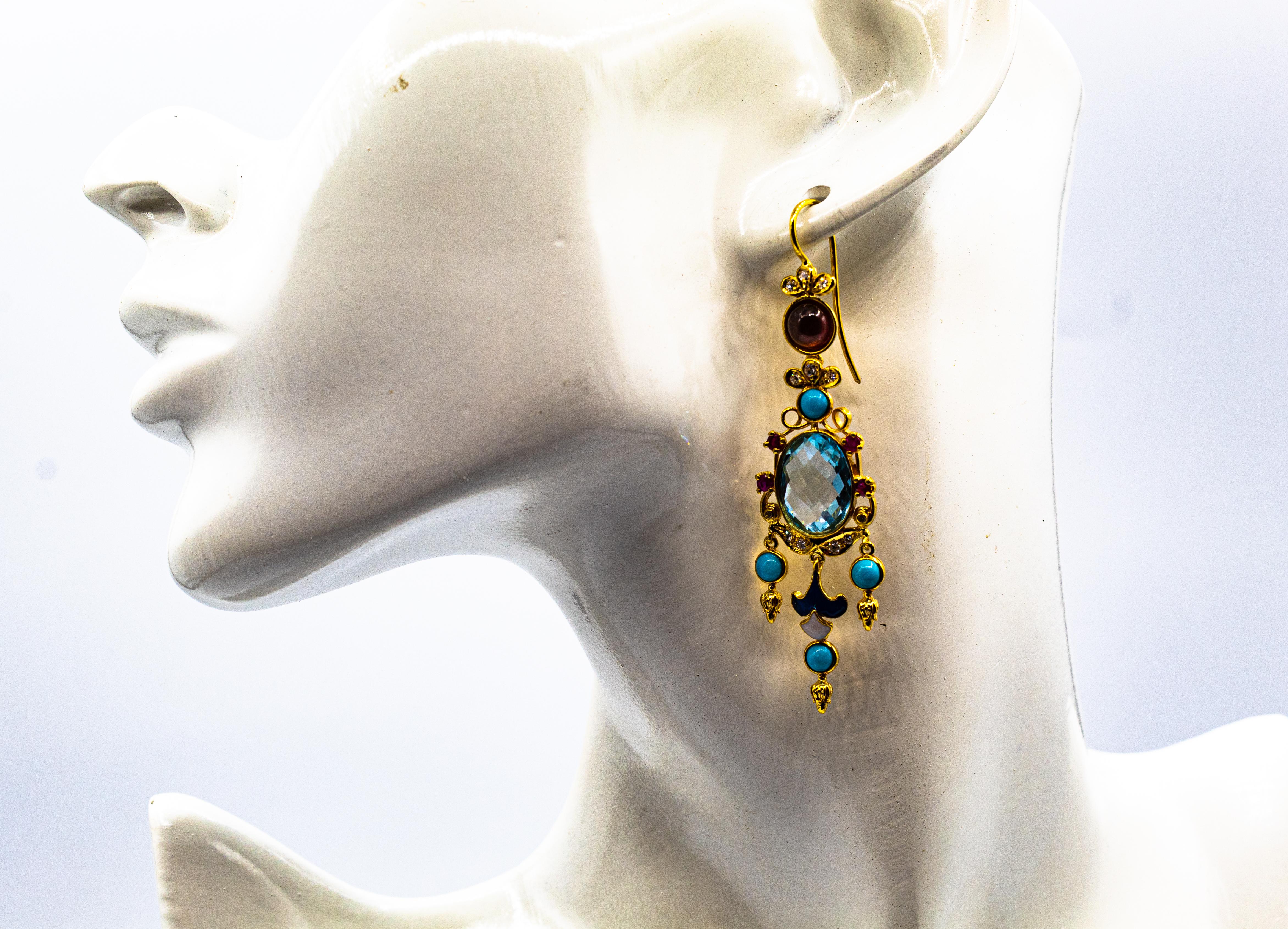 Boucles d'oreilles or jaune diamant blanc rubis topaze bleue turquoise émail tourmaline en vente 7