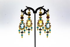 White Diamond Ruby Blue Topaz Turquoise Enamel Tourmaline Yellow Gold Earrings