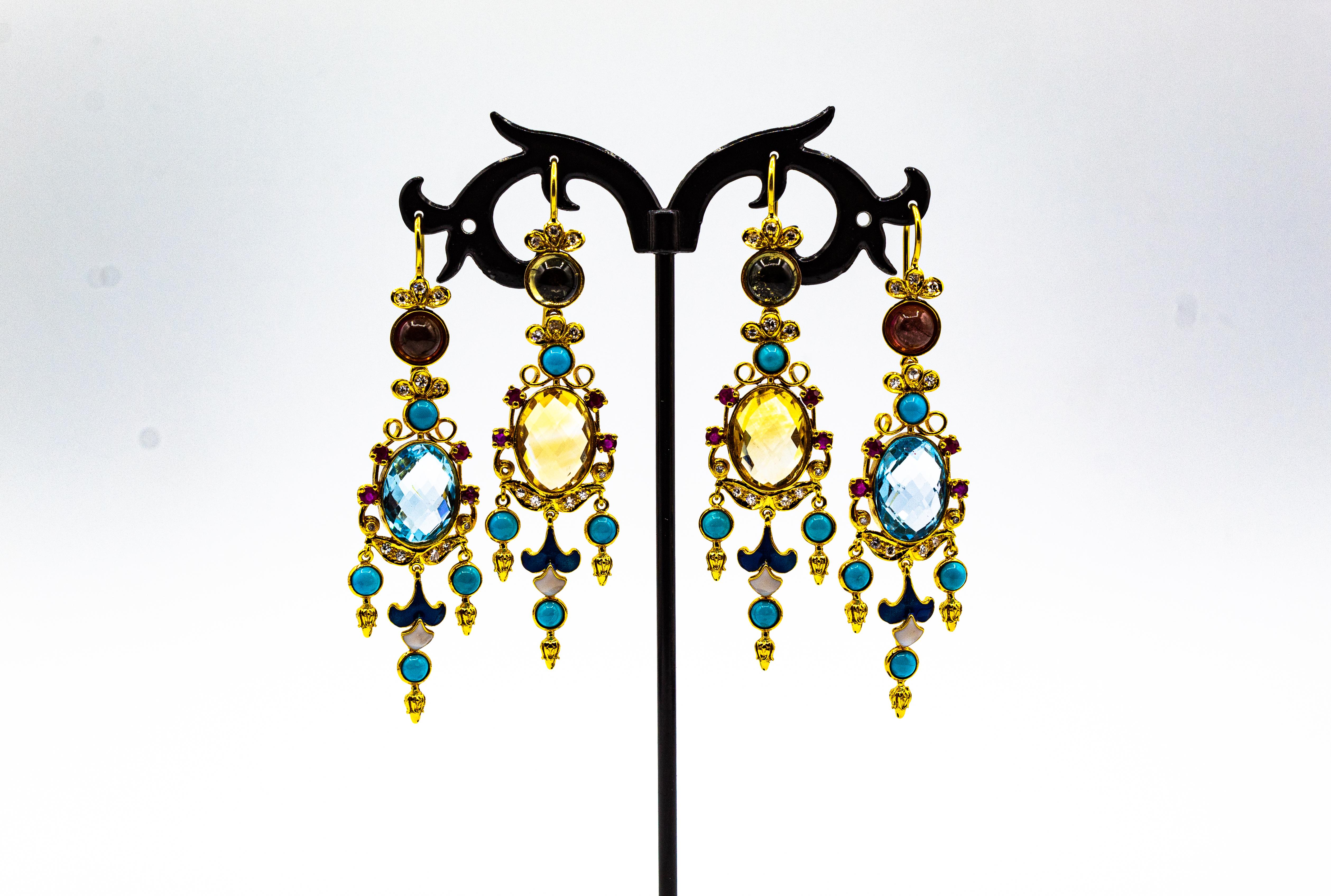 Art déco Boucles d'oreilles or jaune diamant blanc rubis topaze bleue turquoise émail tourmaline en vente