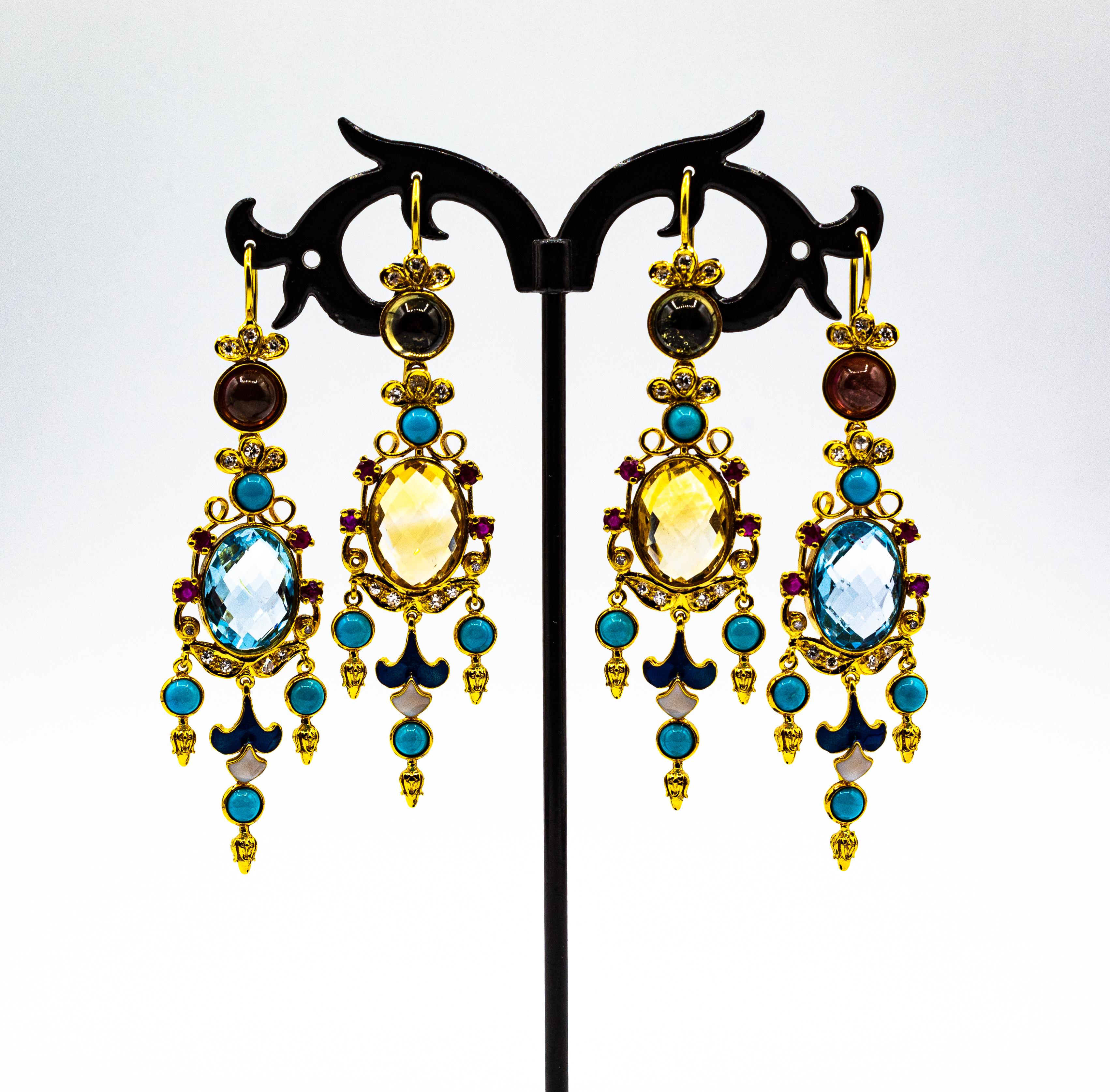 Taille ronde Boucles d'oreilles or jaune diamant blanc rubis topaze bleue turquoise émail tourmaline en vente