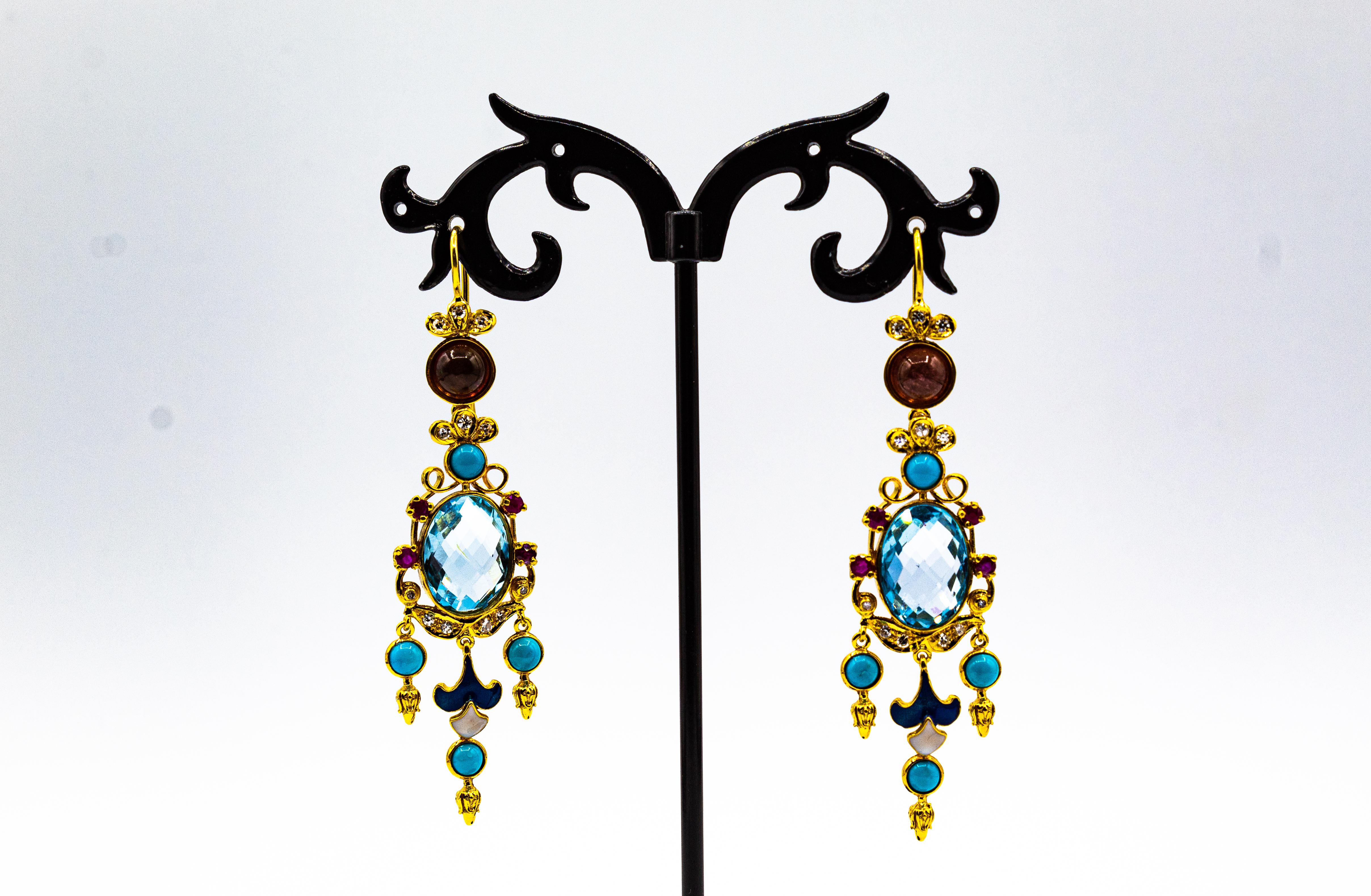 Boucles d'oreilles or jaune diamant blanc rubis topaze bleue turquoise émail tourmaline Neuf - En vente à Naples, IT