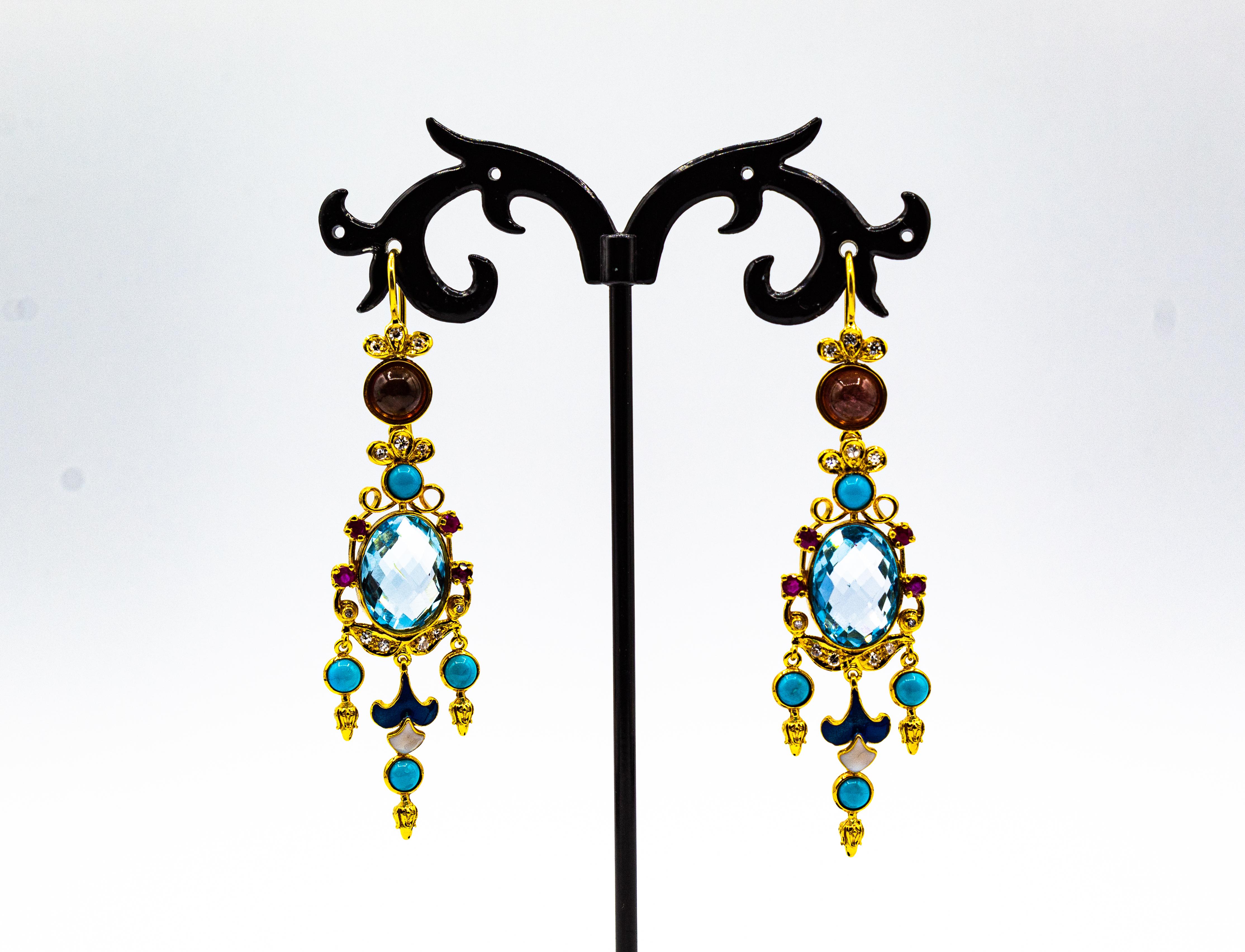 Art Deco White Diamond Ruby Blue Topaz Turquoise Enamel Tourmaline Yellow Gold Earrings For Sale