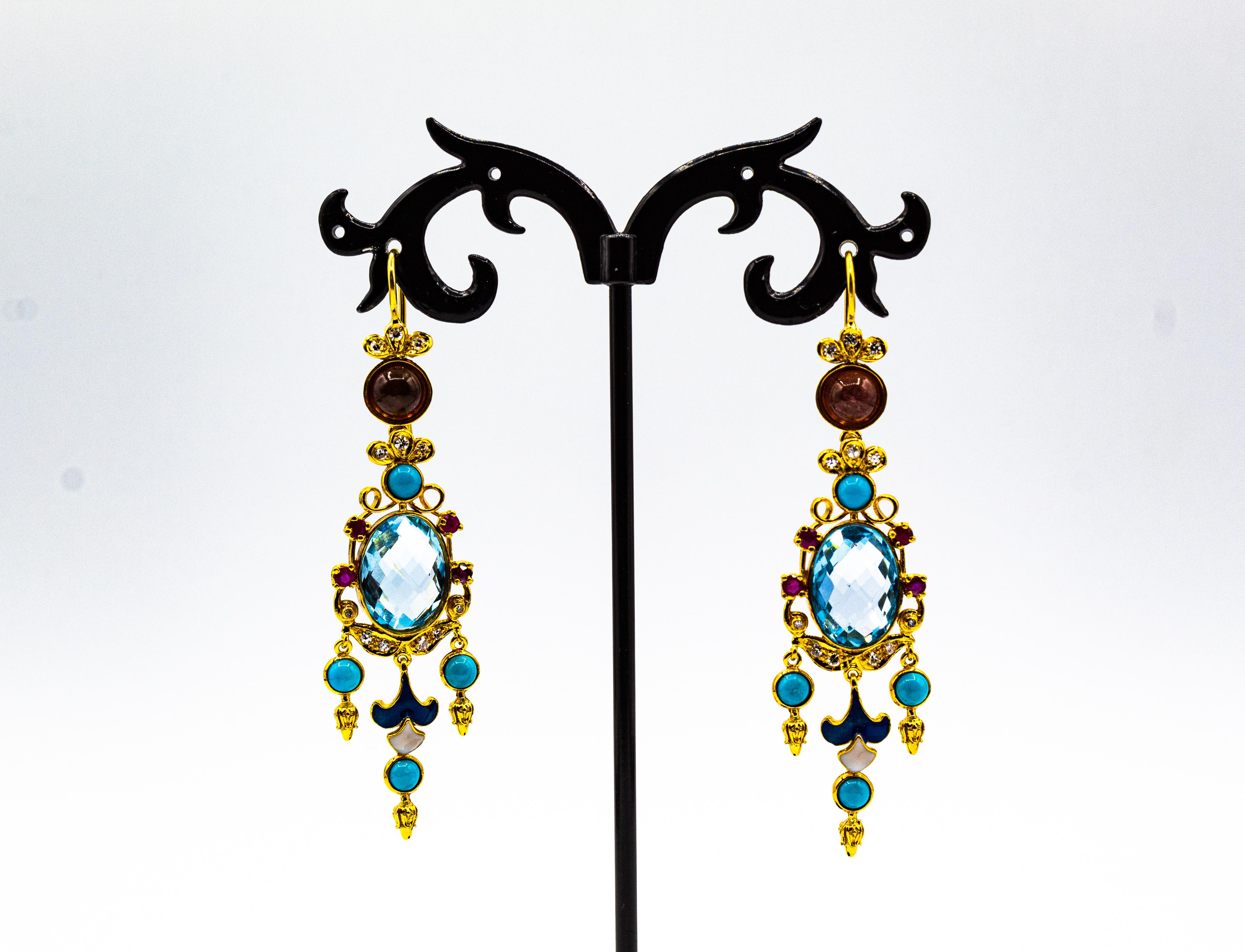 Boucles d'oreilles or jaune diamant blanc rubis topaze bleue turquoise émail tourmaline Unisexe en vente