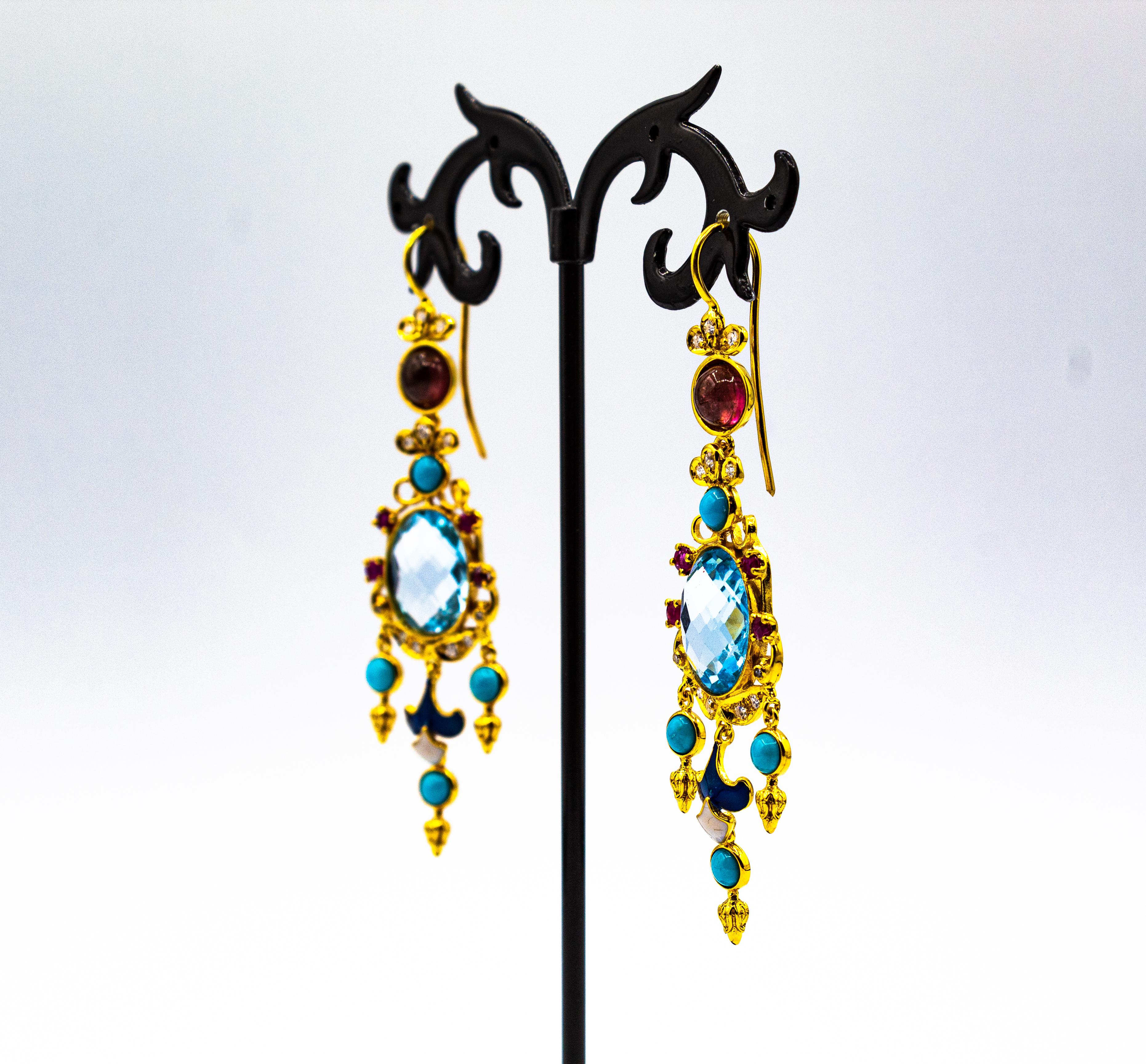Boucles d'oreilles or jaune diamant blanc rubis topaze bleue turquoise émail tourmaline en vente 1