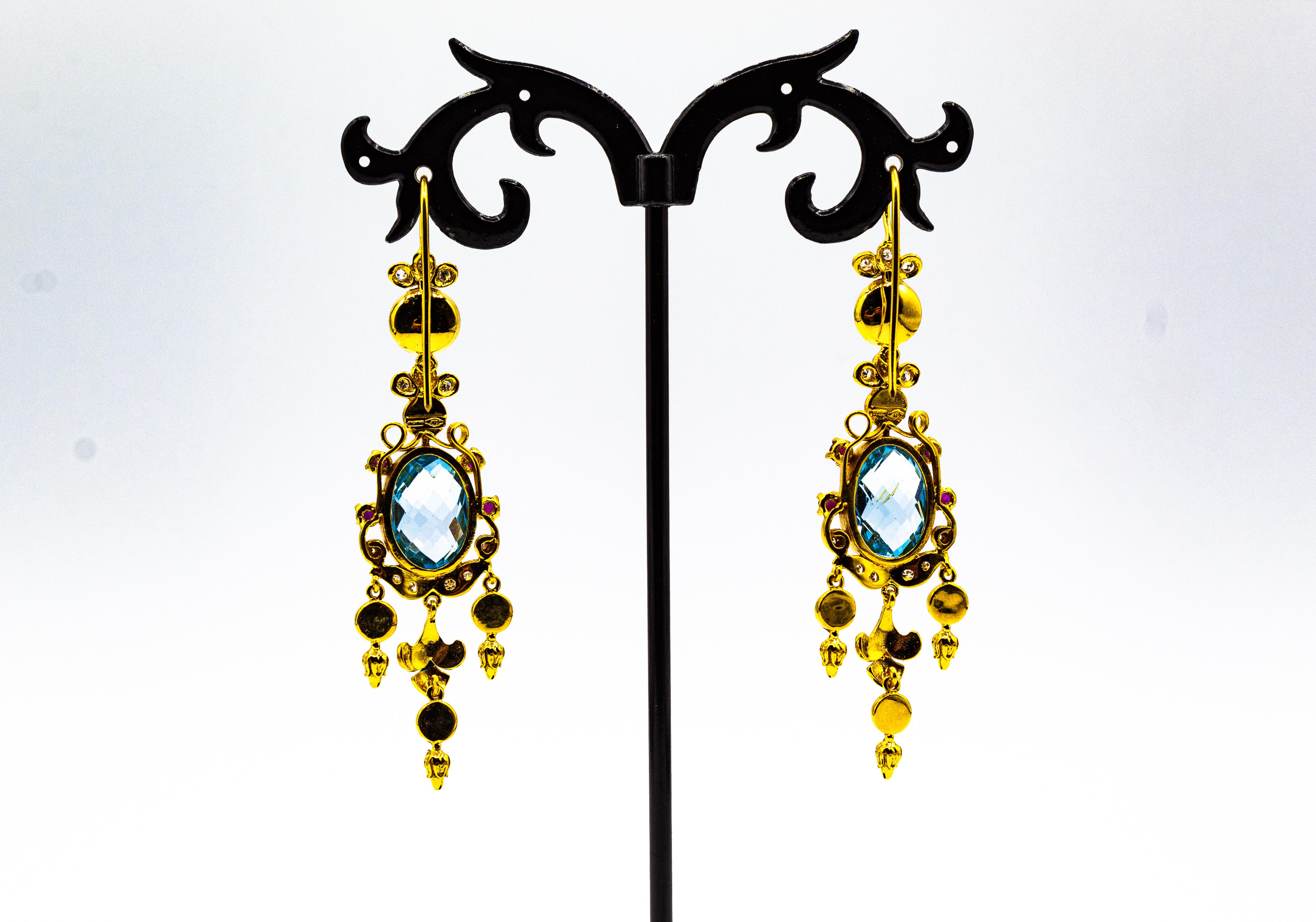 White Diamond Ruby Blue Topaz Turquoise Enamel Tourmaline Yellow Gold Earrings In New Condition For Sale In Naples, IT