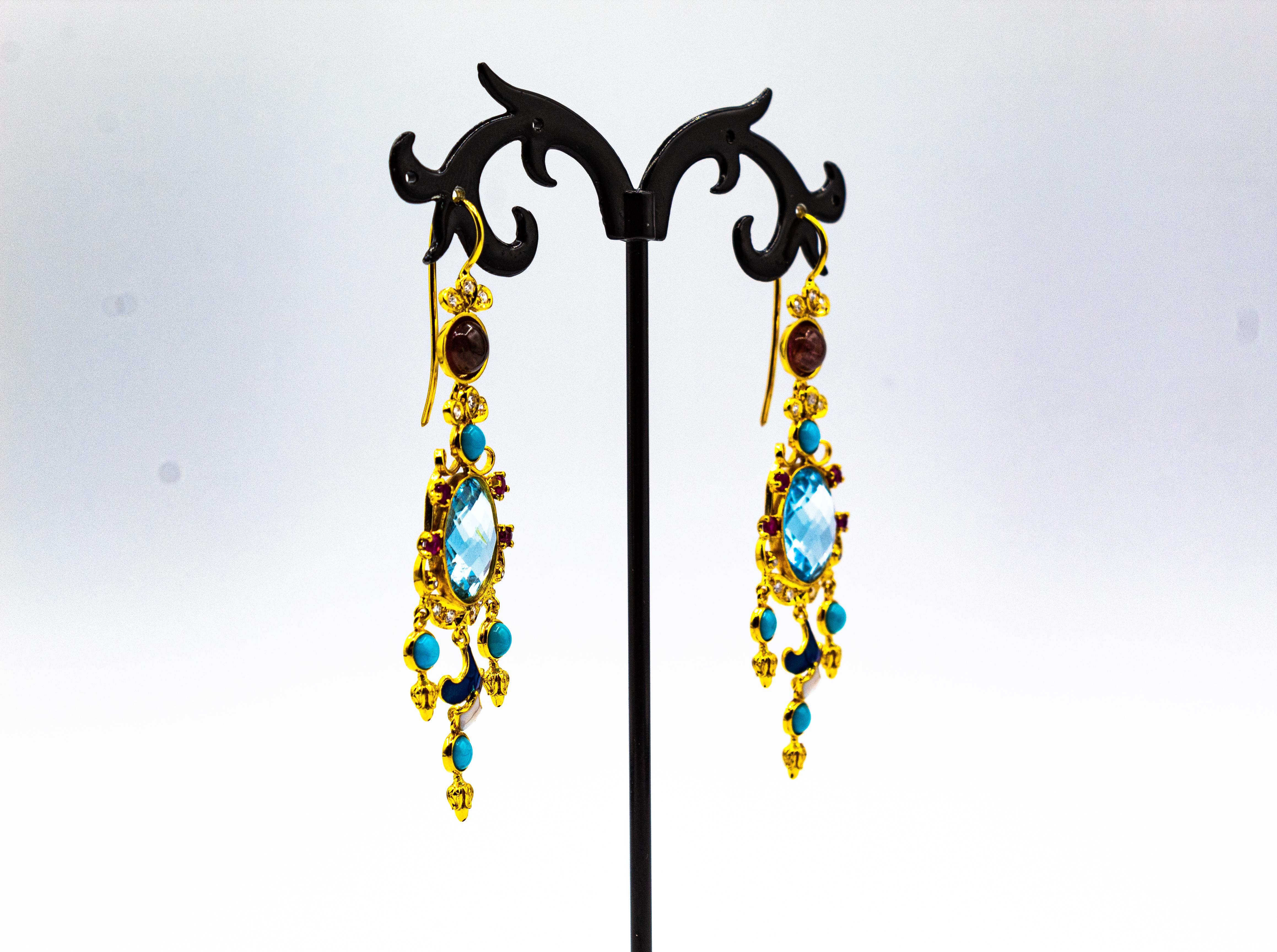 Women's or Men's White Diamond Ruby Blue Topaz Turquoise Enamel Tourmaline Yellow Gold Earrings For Sale