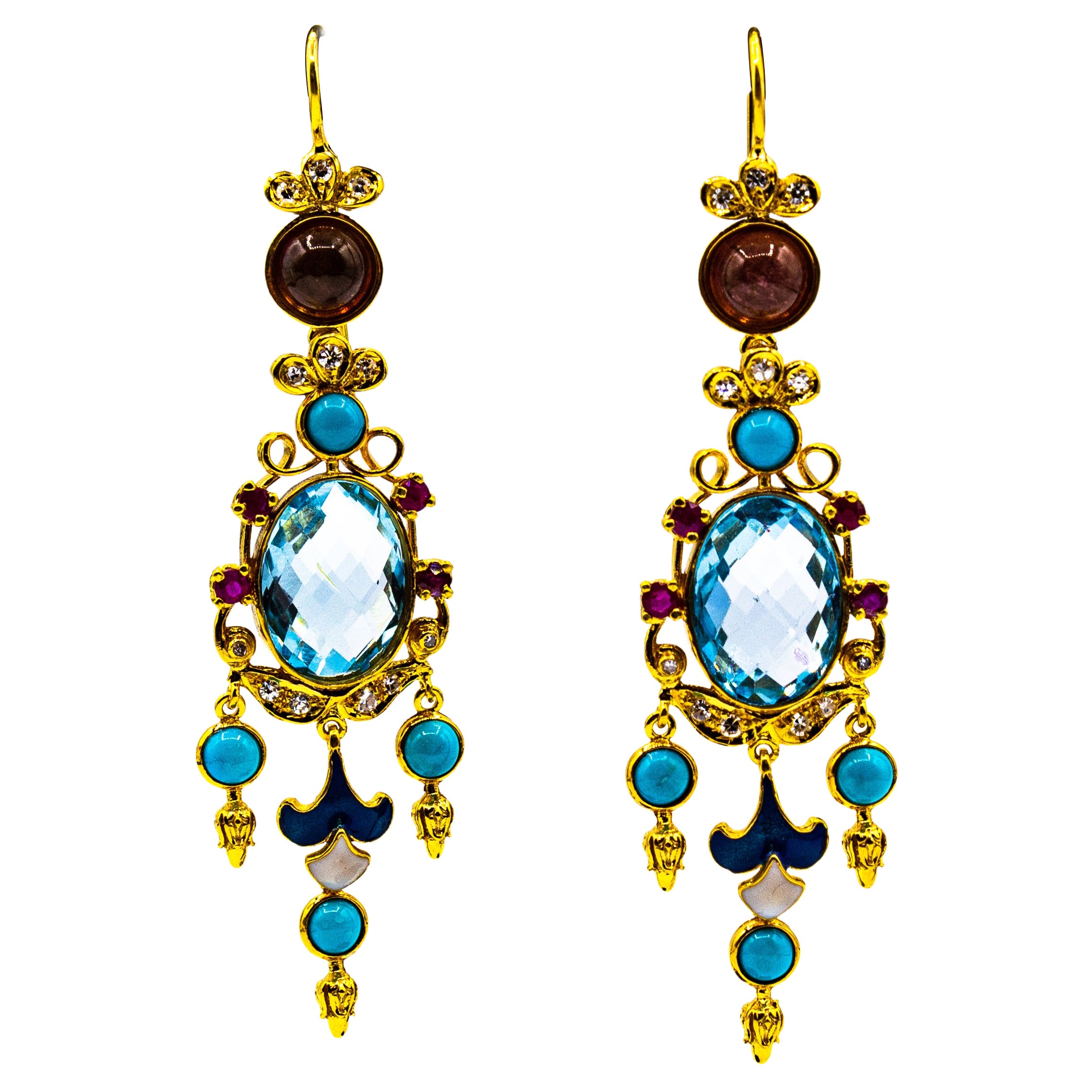 Orecchini in oro giallo con diamante bianco, rubino, topazio blu, turchese, smalto e tormalina