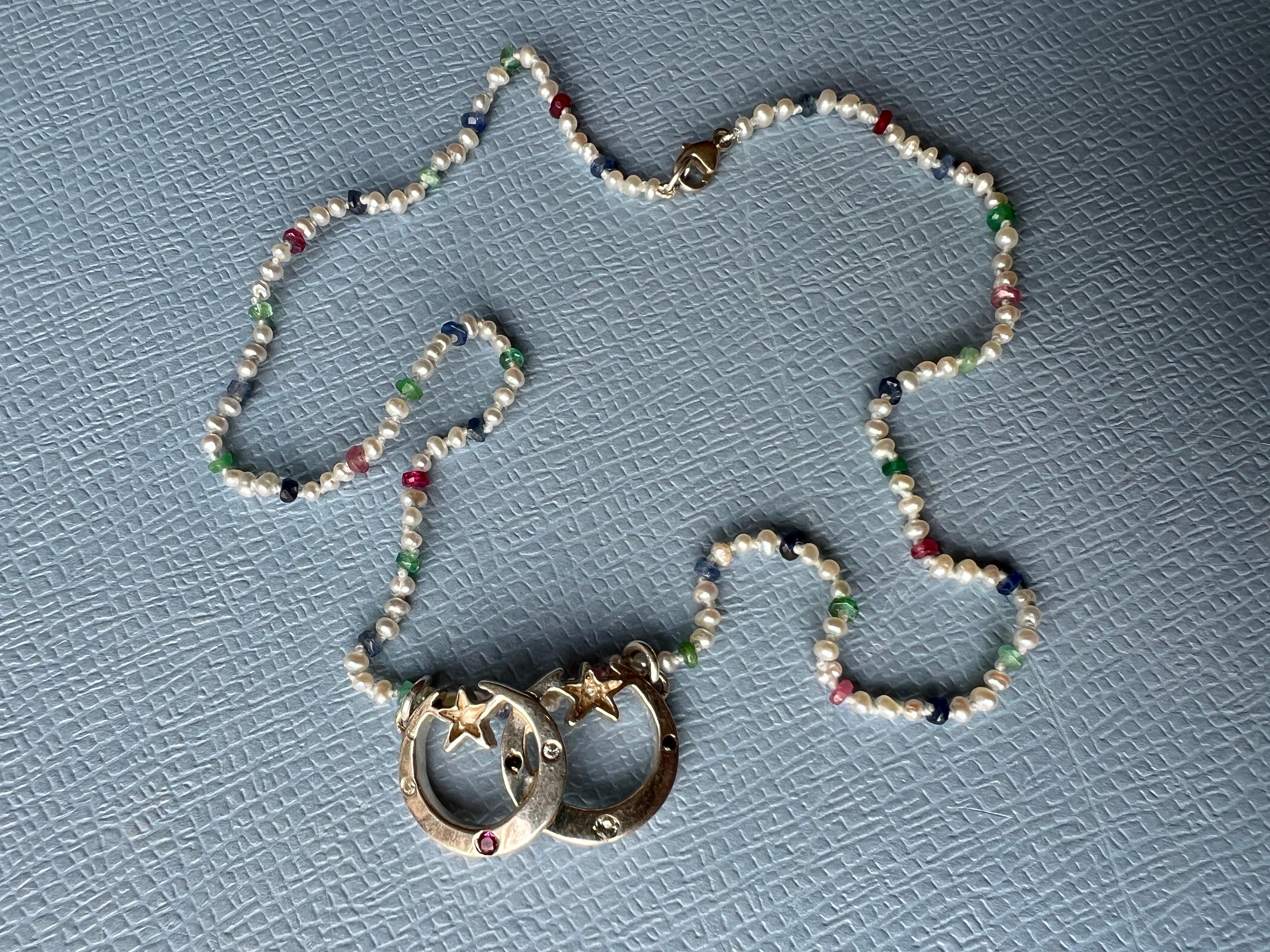 White Diamond Ruby Crescent Moon Necklace White Pearl Choker Gold Vermeil 4