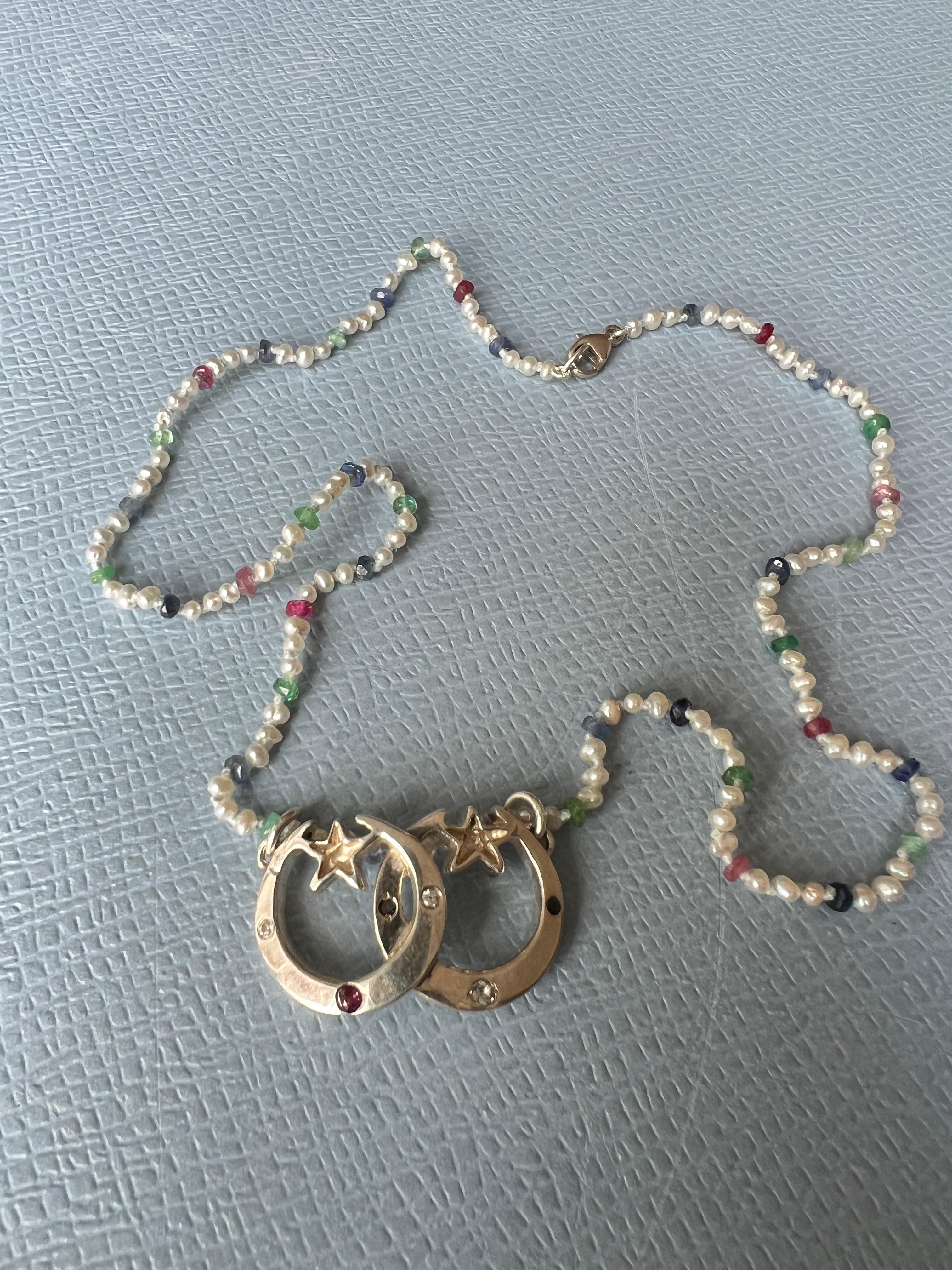 White Diamond Ruby Crescent Moon Necklace White Pearl Choker Gold Vermeil 5