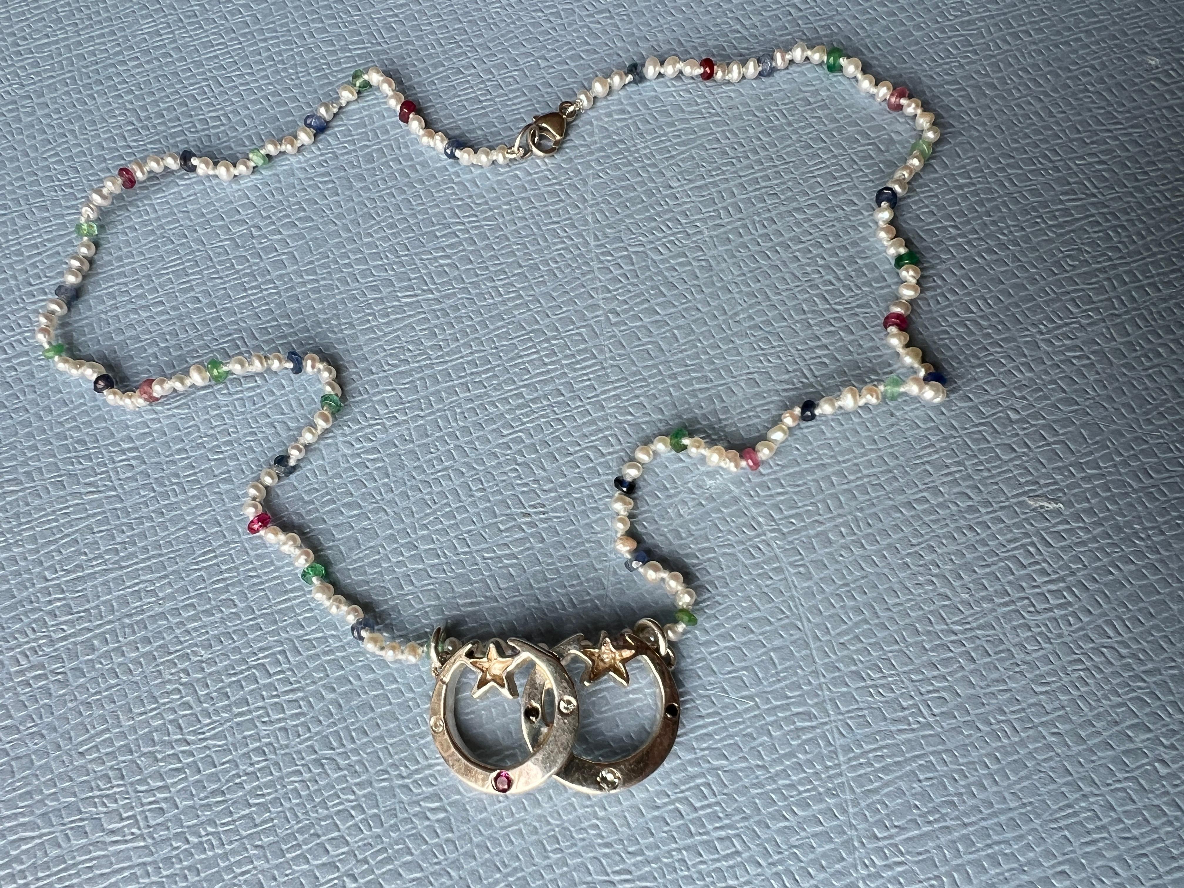 Contemporary White Diamond Ruby Crescent Moon Necklace White Pearl Choker Gold Vermeil