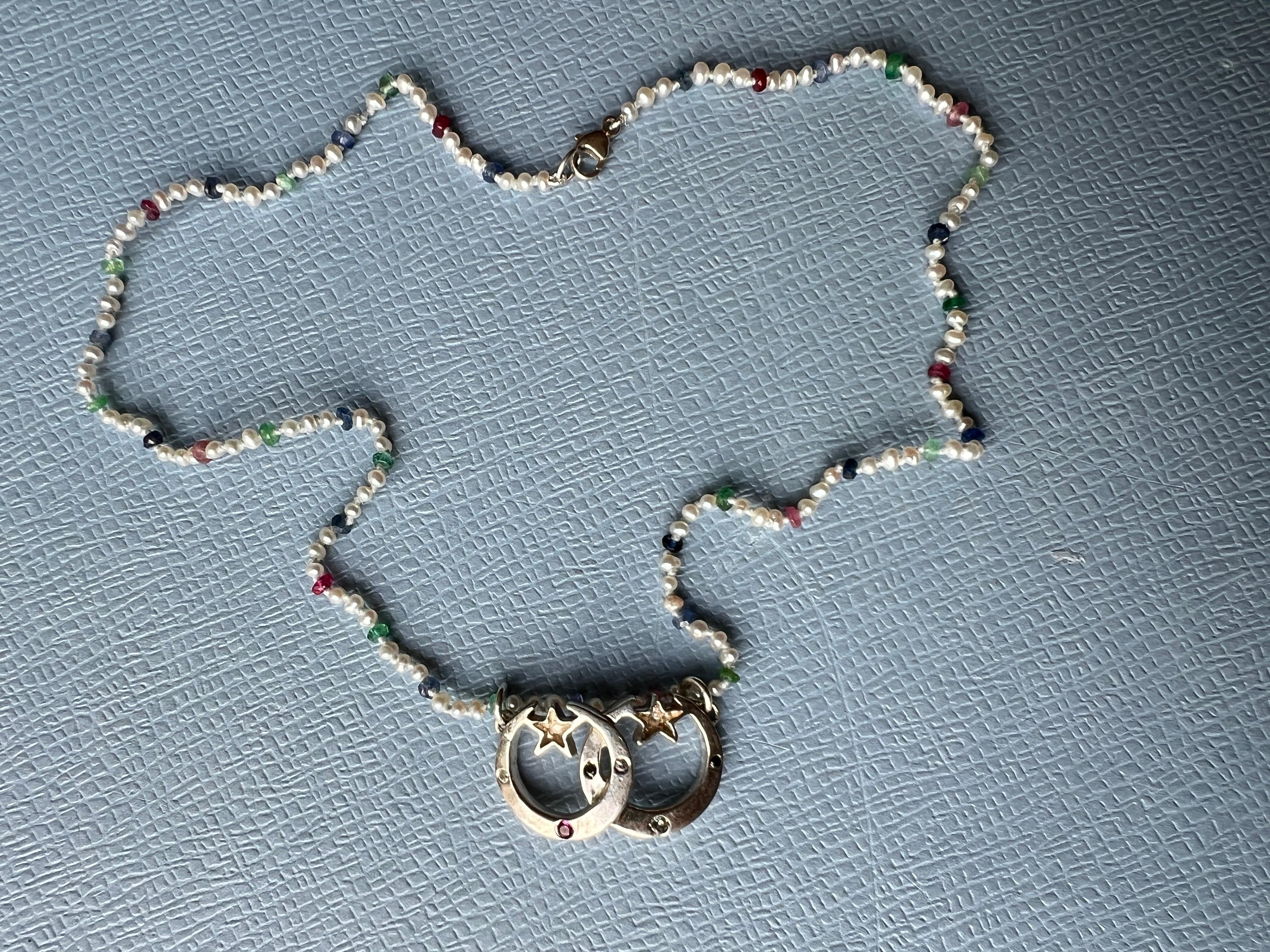 Round Cut White Diamond Ruby Crescent Moon Necklace White Pearl Choker Gold Vermeil