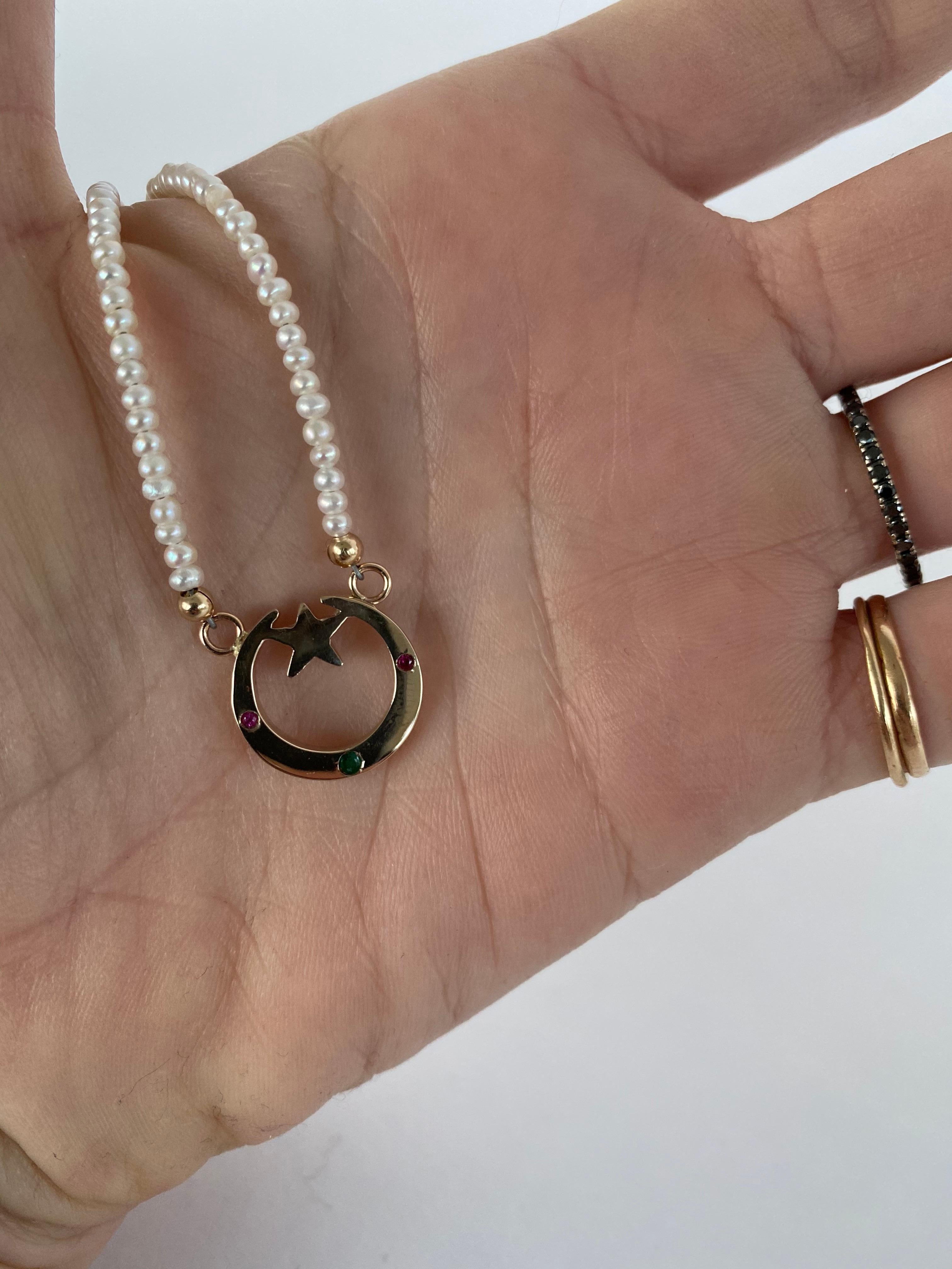 Collar Diamante Blanco Rubí Luna Creciente Gargantilla Perla Blanca Oro Vermeil en Nuevo estado para la venta en Los Angeles, CA