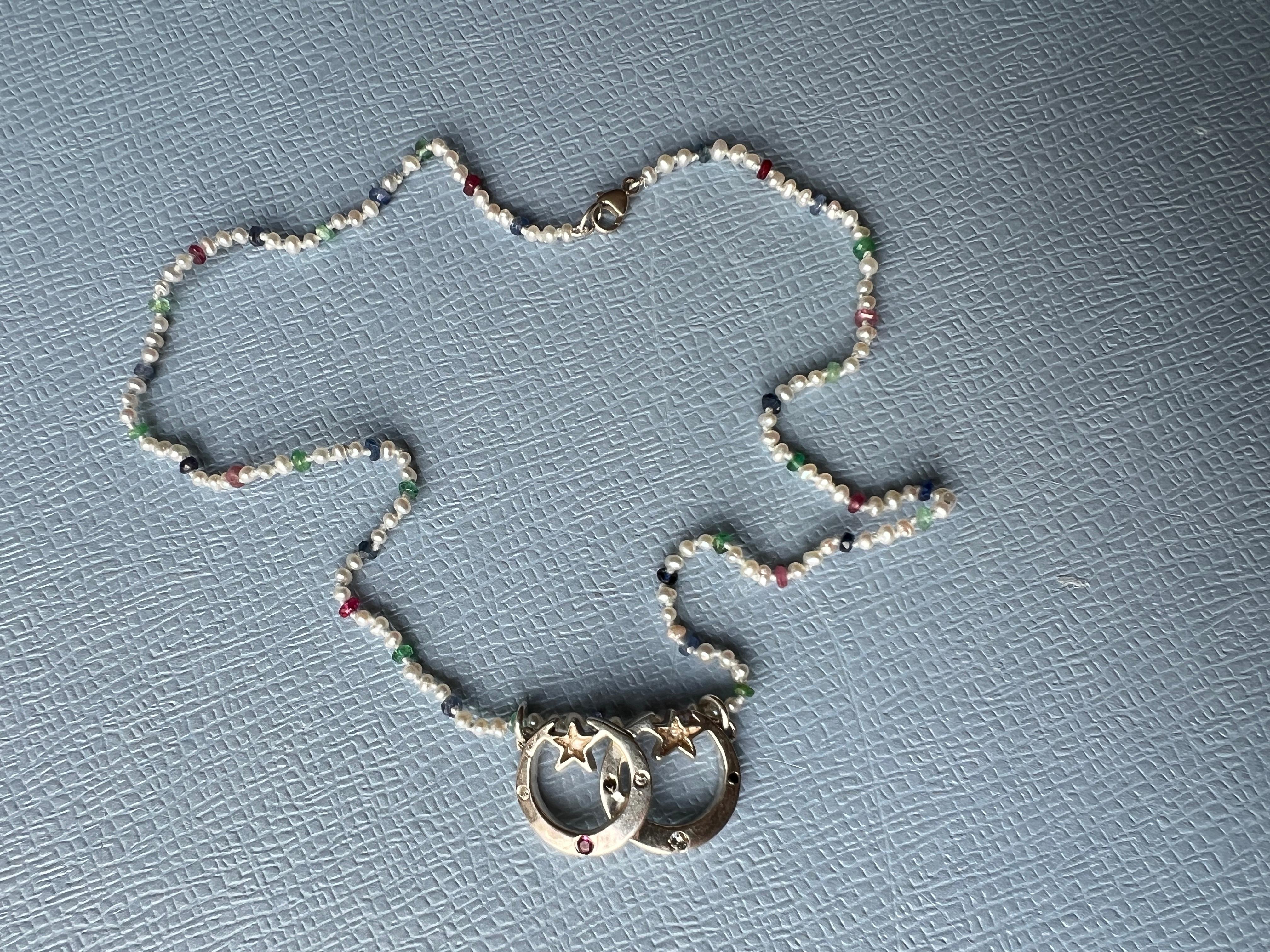 White Diamond Ruby Crescent Moon Necklace White Pearl Choker Gold Vermeil In New Condition In Los Angeles, CA