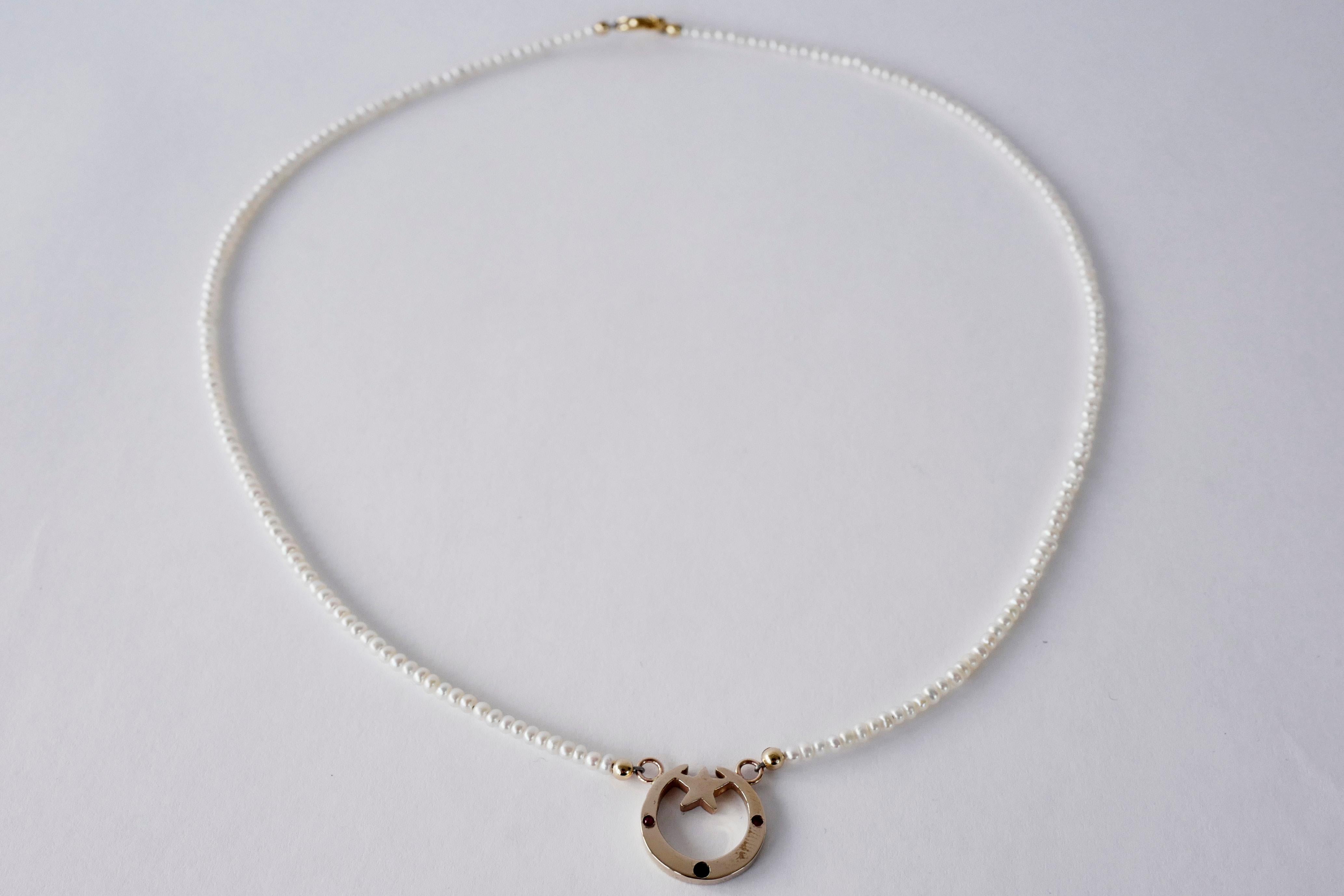 Women's White Diamond Ruby Crescent Moon Necklace White Pearl Choker Gold Vermeil For Sale