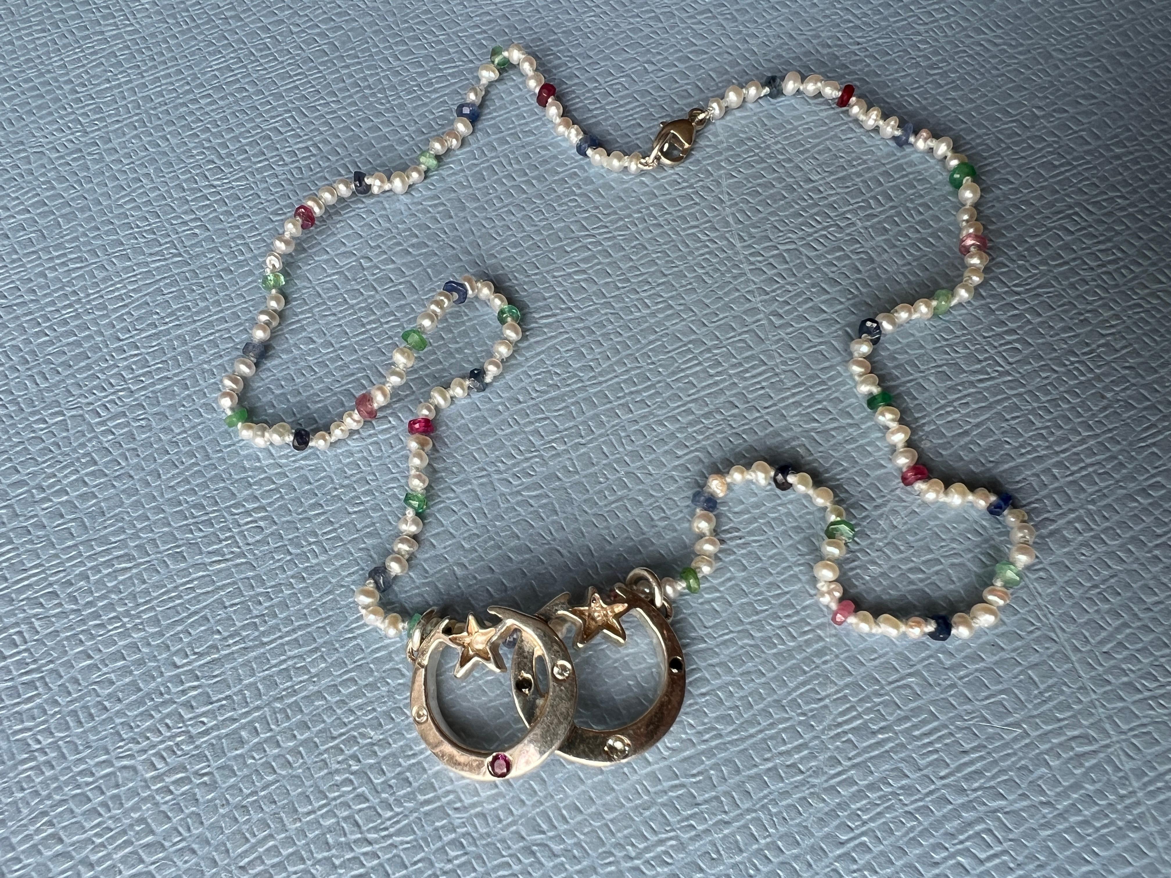 White Diamond Ruby Crescent Moon Necklace White Pearl Choker Gold Vermeil 1