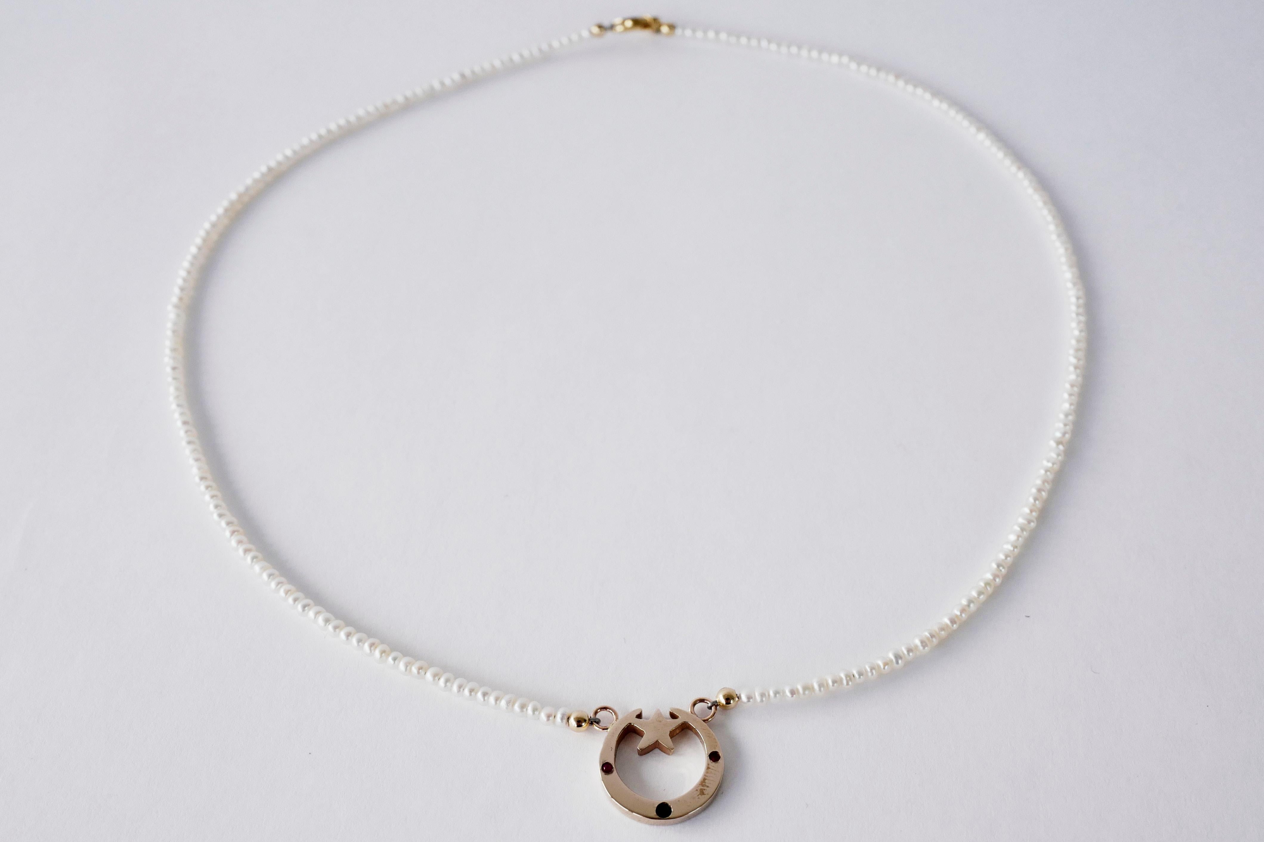 Weißer Diamant Rubin Halbmond Halskette Weiß Perle Choker Gold Vermeil im Angebot 2