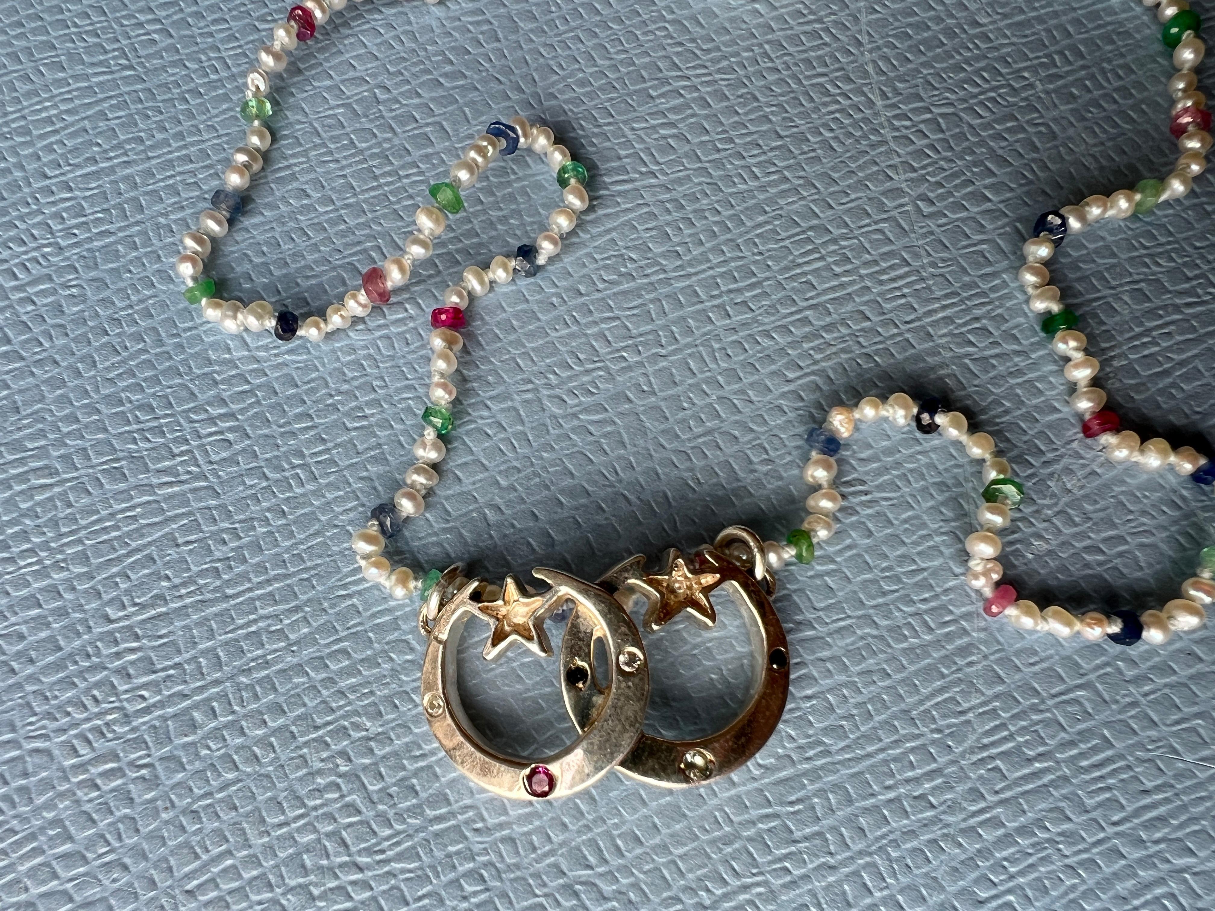 White Diamond Ruby Crescent Moon Necklace White Pearl Choker Gold Vermeil 3