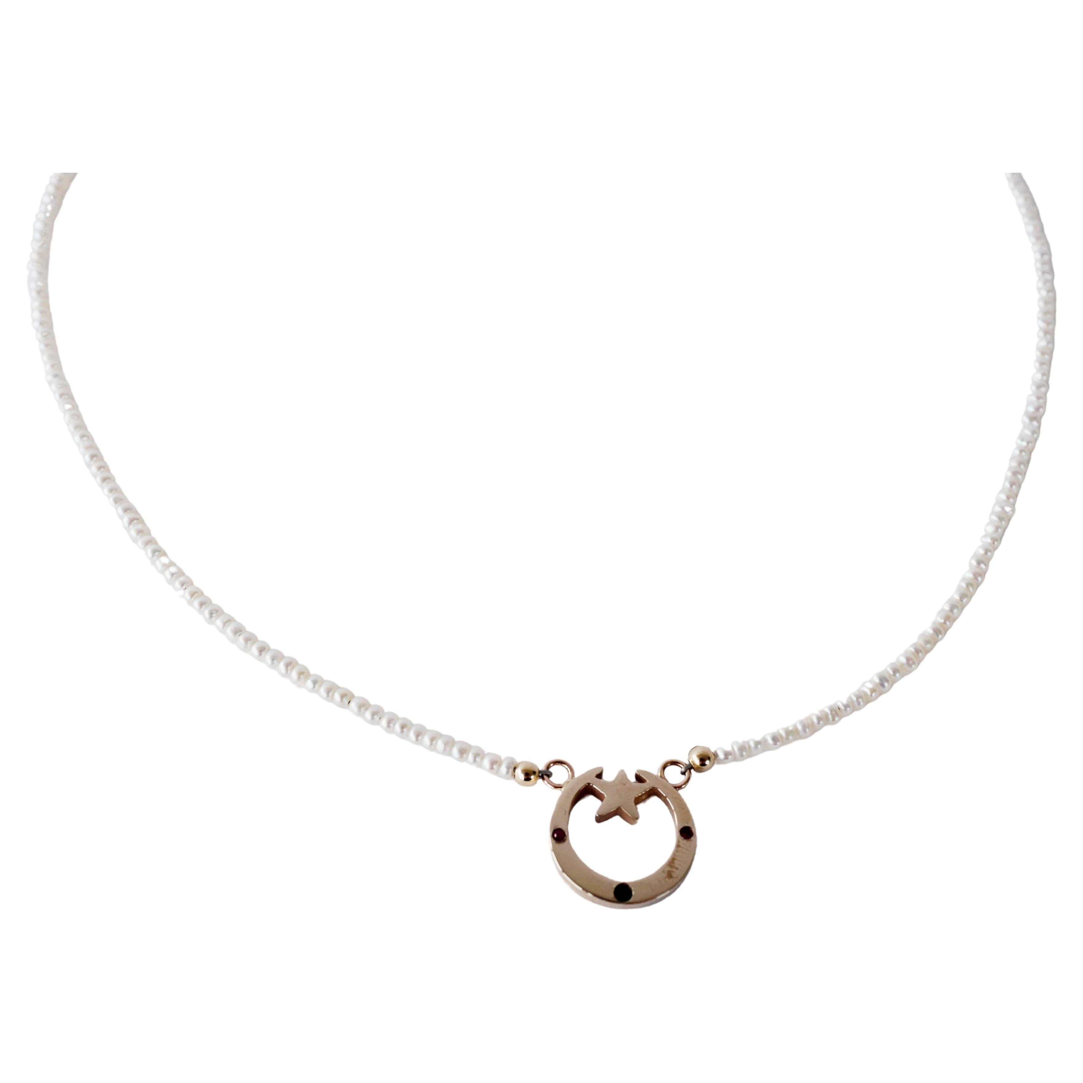 White Diamond Ruby Crescent Moon Necklace White Pearl Choker Gold Vermeil