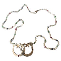 White Diamond Ruby Crescent Moon Necklace White Pearl Choker Gold Vermeil