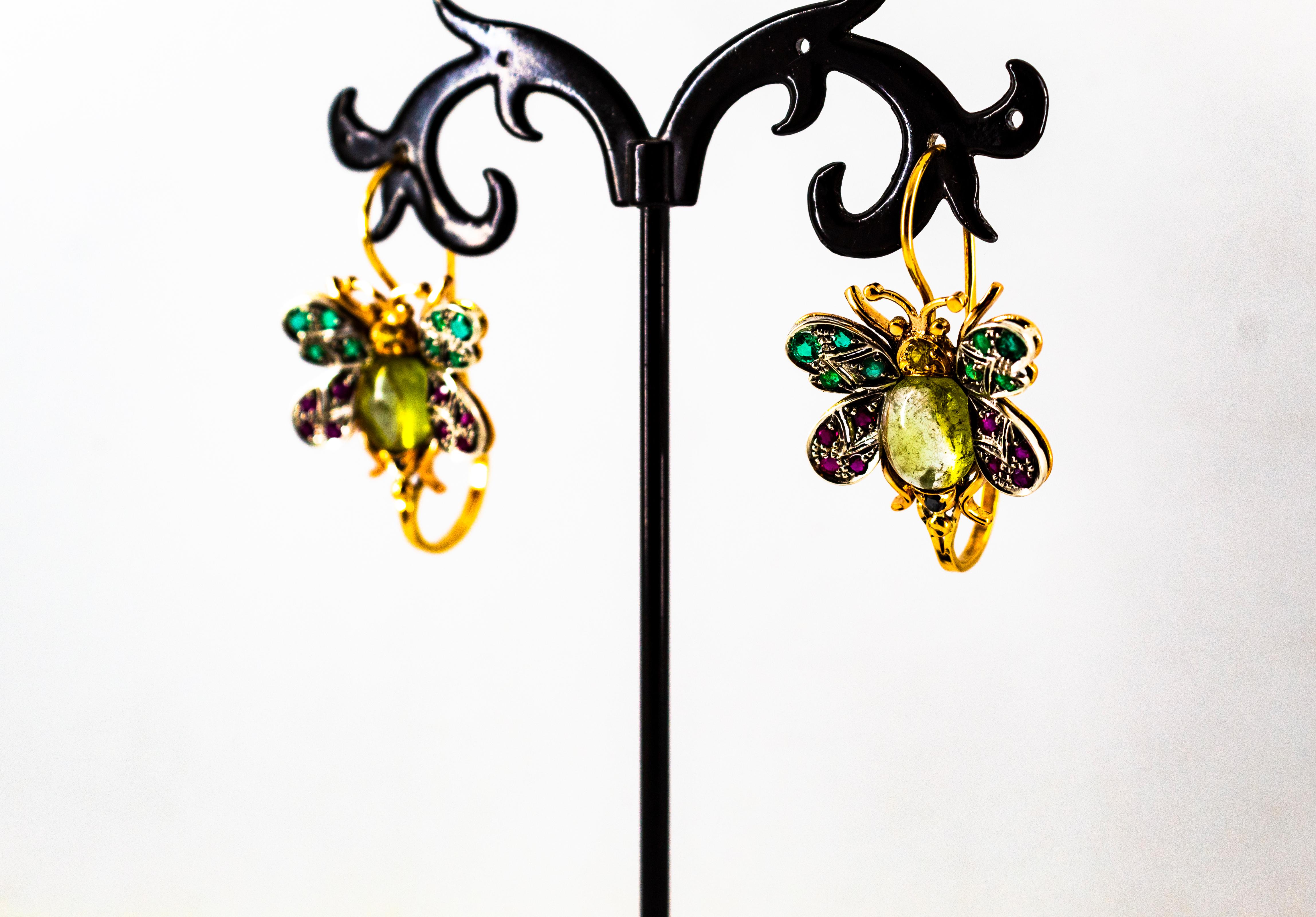 White Diamond Ruby Emerald Sapphire Tourmaline Yellow Gold Lever-Back Earrings en venta 6