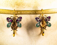 White Diamond Ruby Emerald Sapphire Tourmaline Yellow Gold Lever-Back Earrings