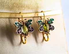 White Diamond Ruby Emerald Sapphire Tourmaline Yellow Gold Lever-Back Earrings