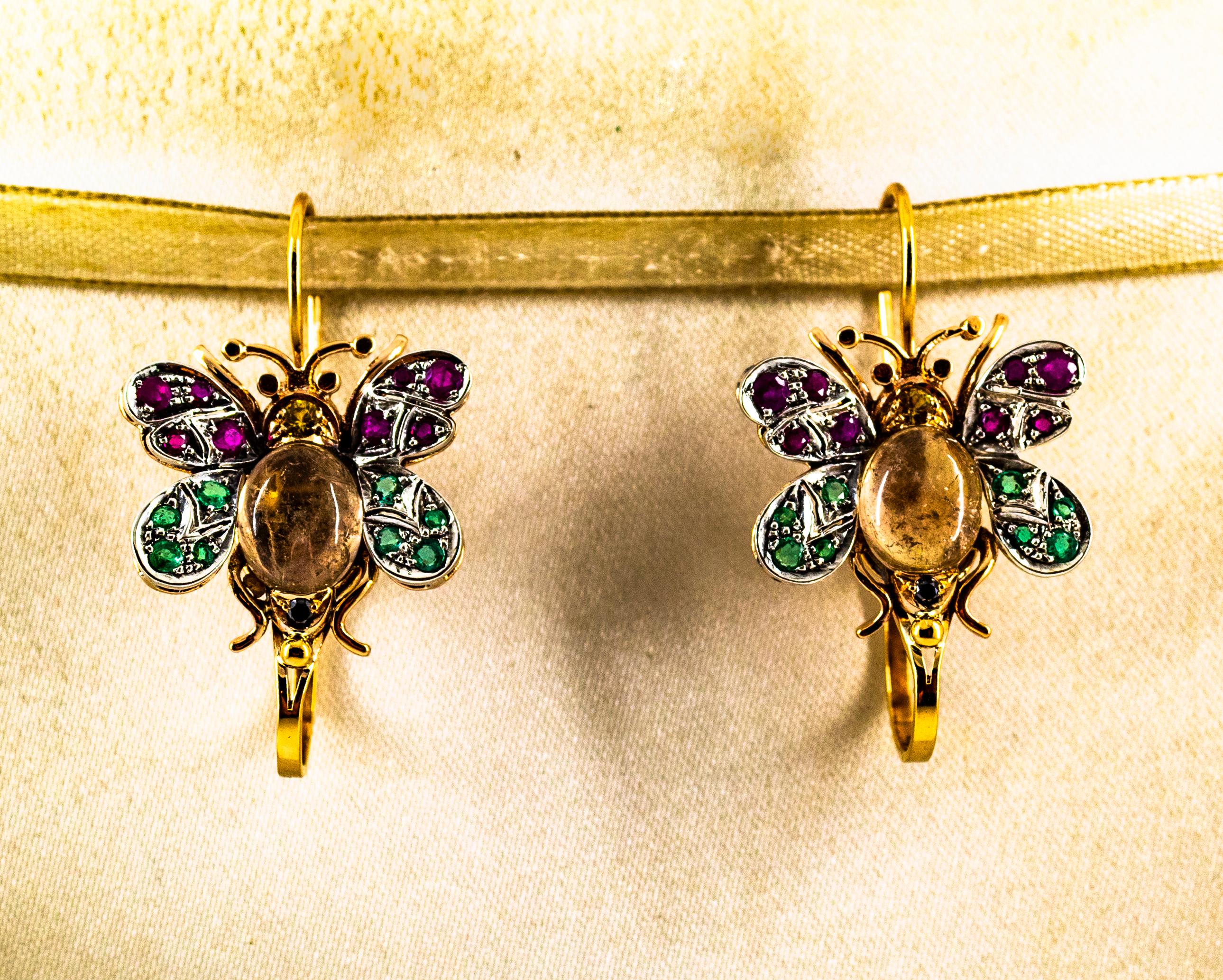 Art Nouveau Orecchini a leva in oro giallo con diamante bianco, rubino, smeraldo, zaffiro e tormalina in vendita