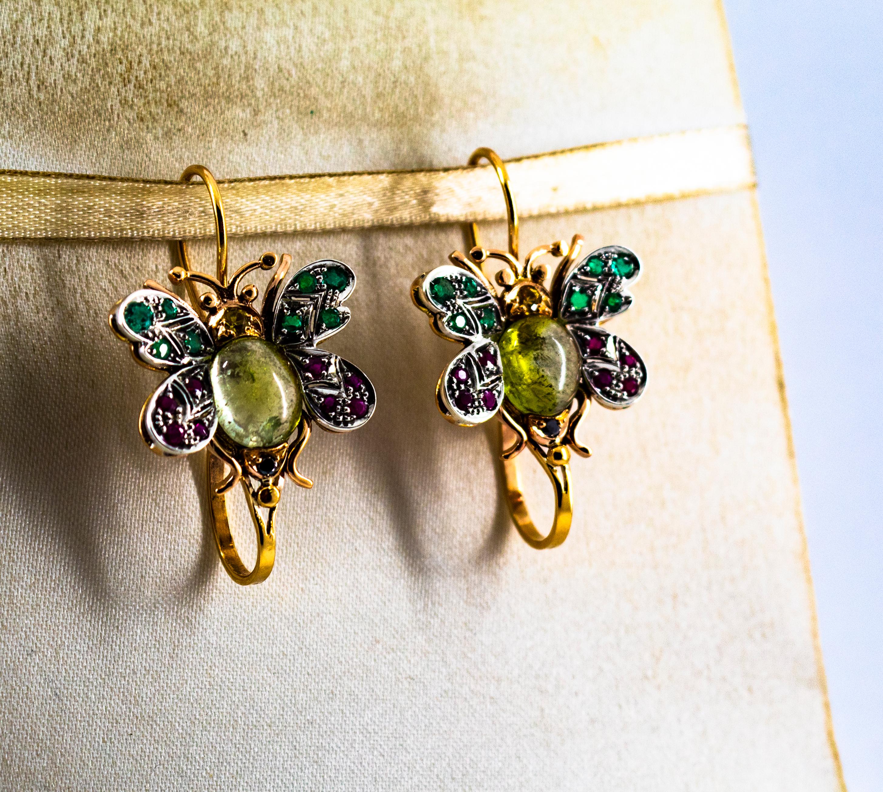 White Diamond Ruby Emerald Sapphire Tourmaline Yellow Gold Lever-Back Earrings Art Nouveau en venta