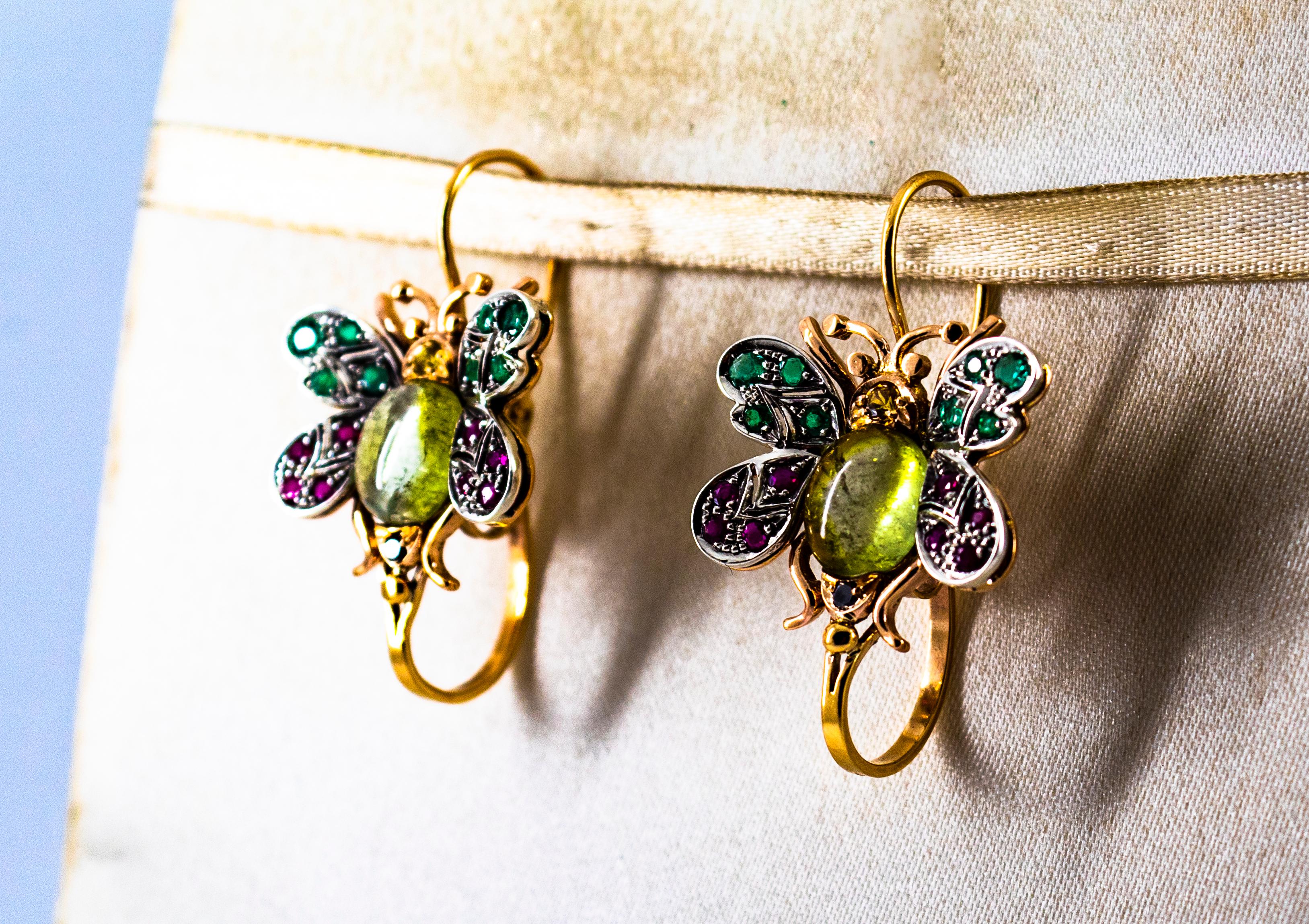 White Diamond Ruby Emerald Sapphire Tourmaline Yellow Gold Lever-Back Earrings Corte rosa en venta