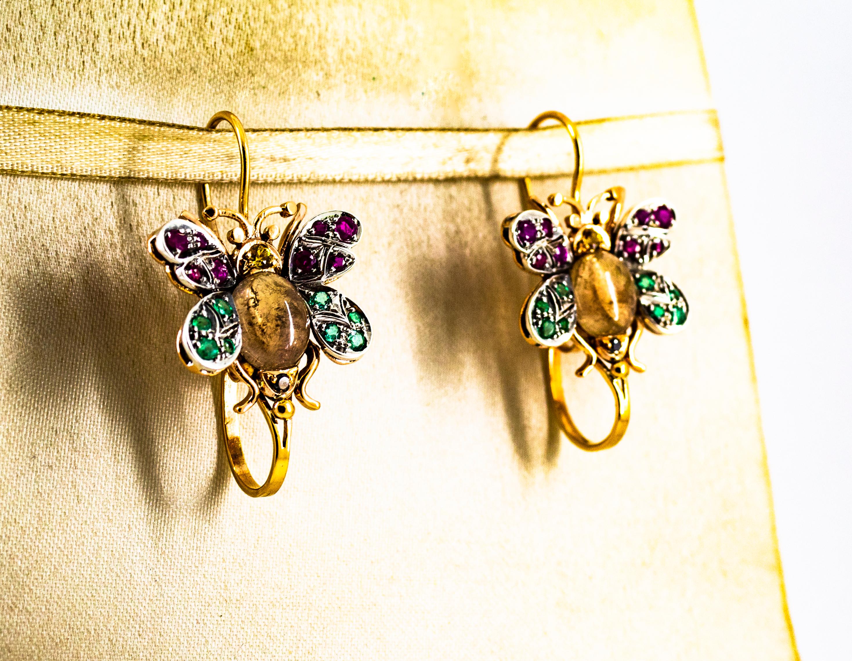 White Diamond Ruby Emerald Sapphire Tourmaline Yellow Gold Lever-Back Earrings In New Condition In Naples, IT