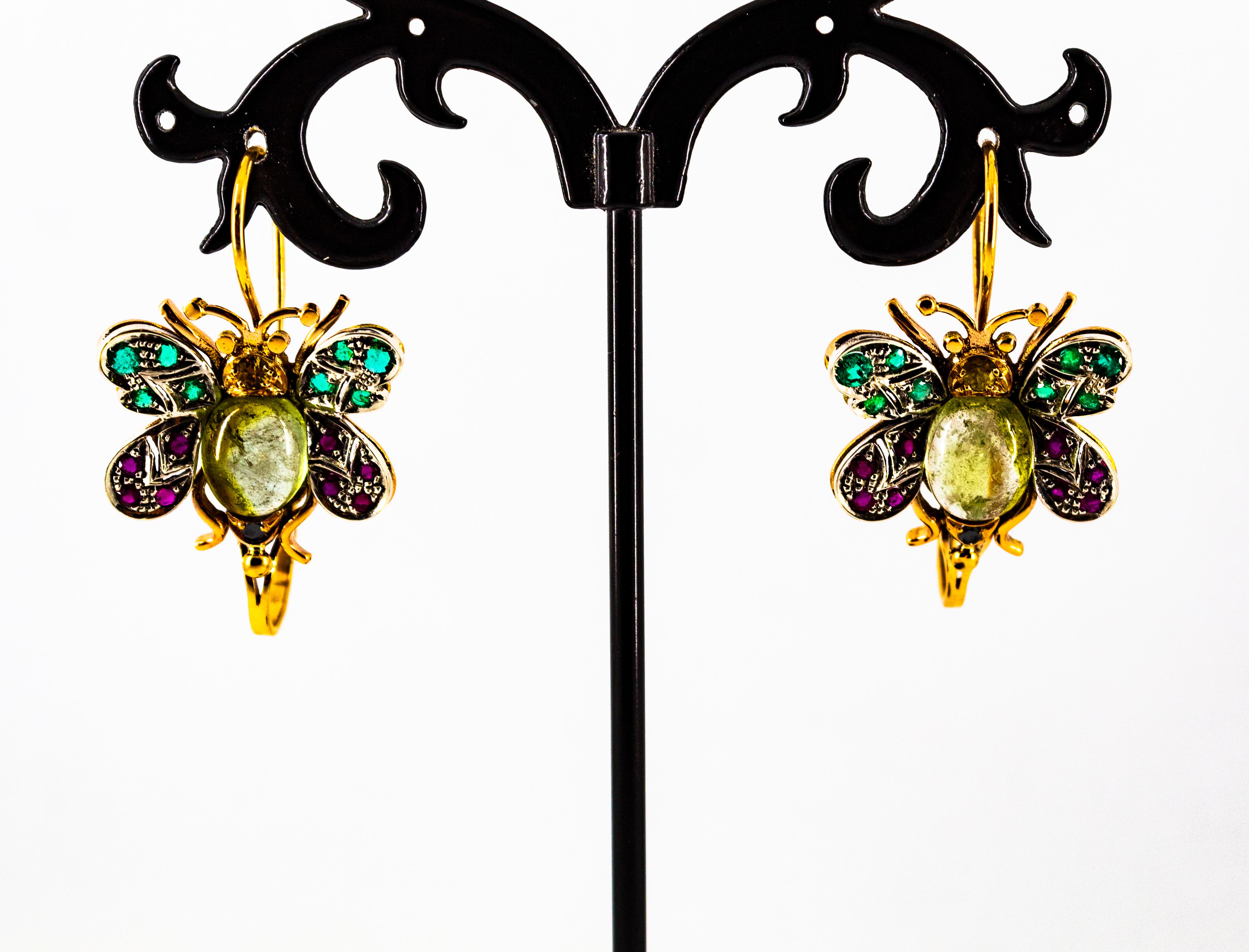 White Diamond Ruby Emerald Sapphire Tourmaline Yellow Gold Lever-Back Earrings en venta 1