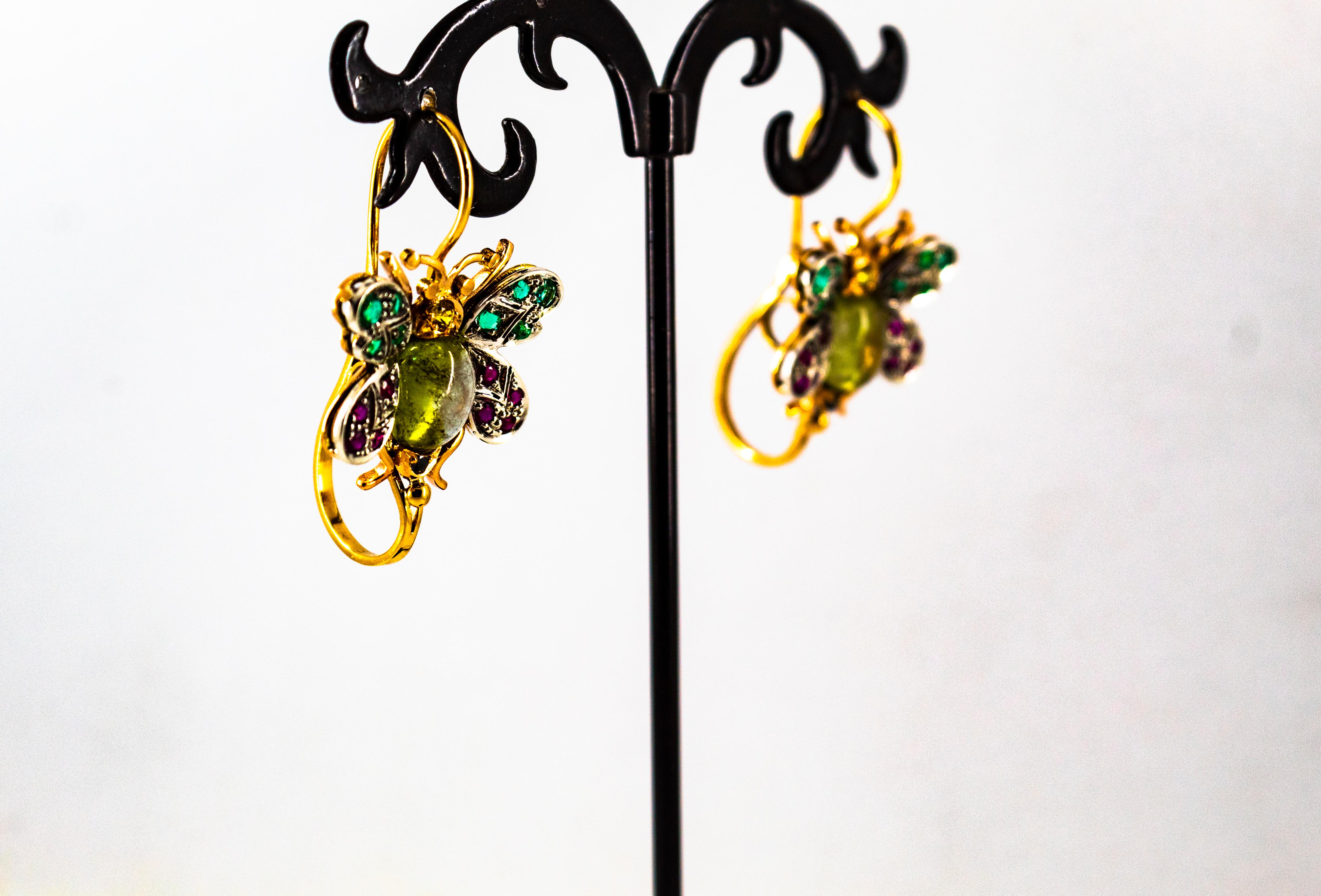 White Diamond Ruby Emerald Sapphire Tourmaline Yellow Gold Lever-Back Earrings en venta 2