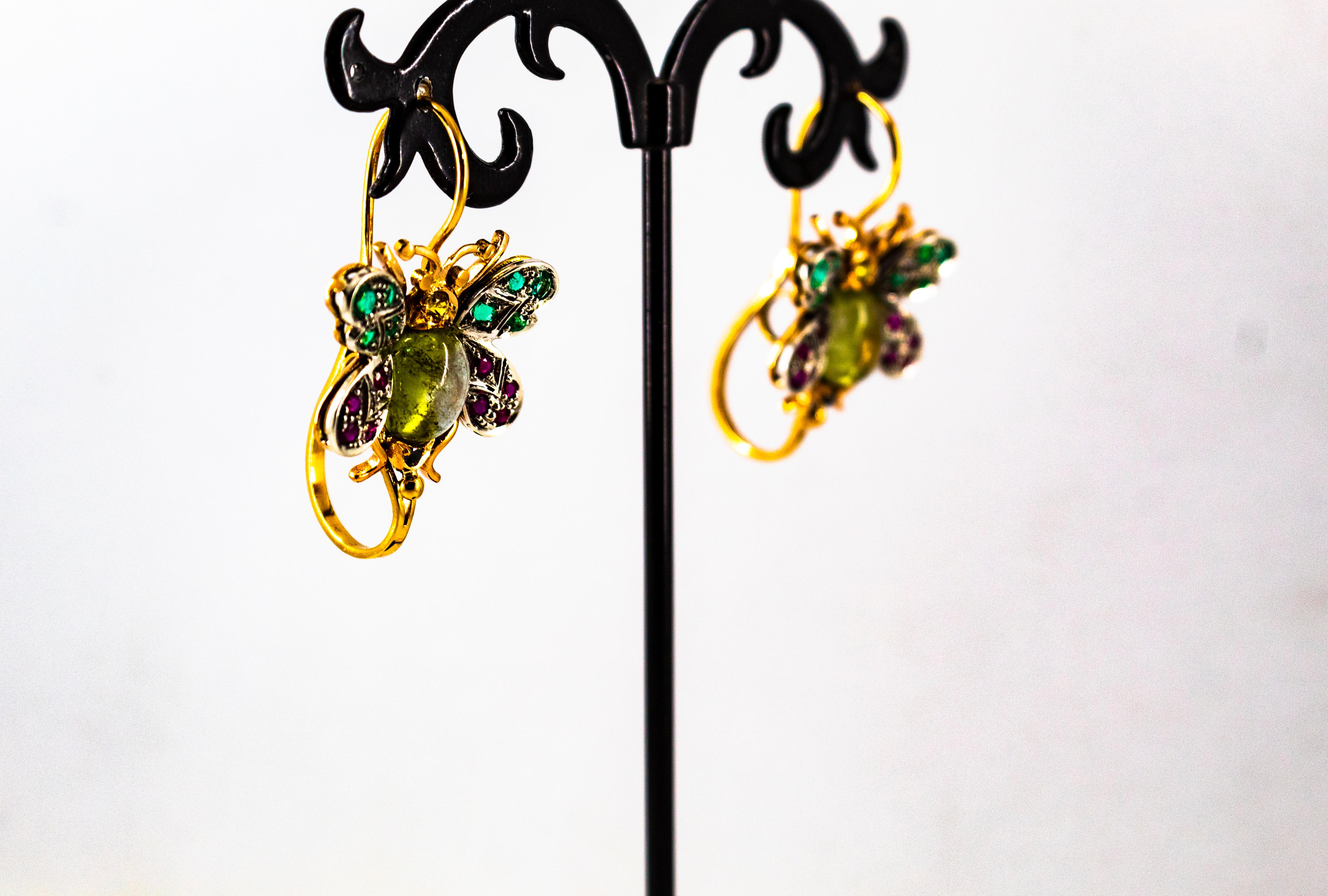 White Diamond Ruby Emerald Sapphire Tourmaline Yellow Gold Lever-Back Earrings en venta 3