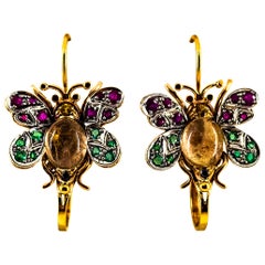 White Diamond Ruby Emerald Sapphire Tourmaline Yellow Gold Lever-Back Earrings