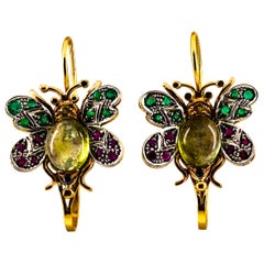 White Diamond Ruby Emerald Sapphire Tourmaline Yellow Gold Lever-Back Earrings