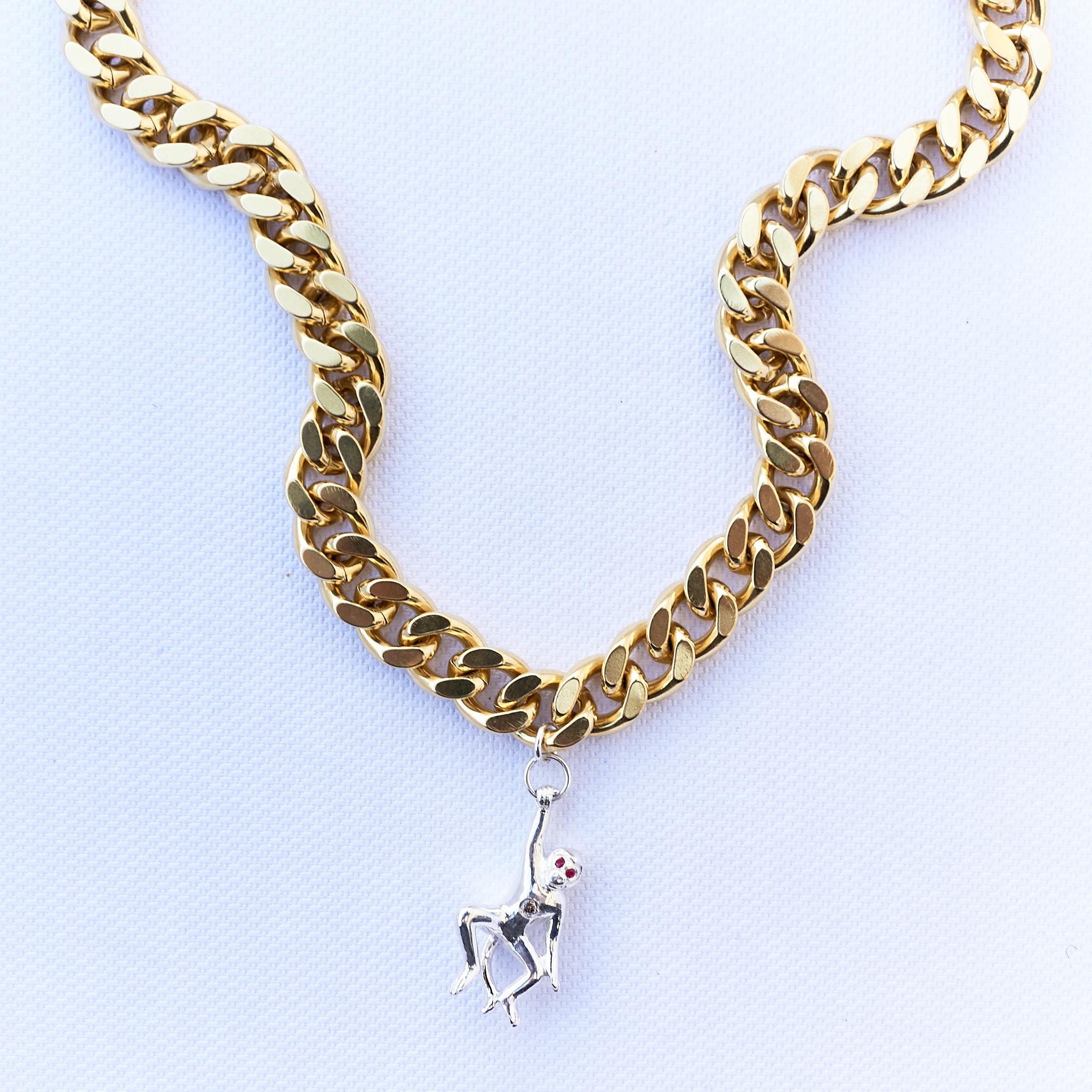 Brilliant Cut White Diamond Ruby Monkey Silver Choker Chain Necklace J Dauphin For Sale
