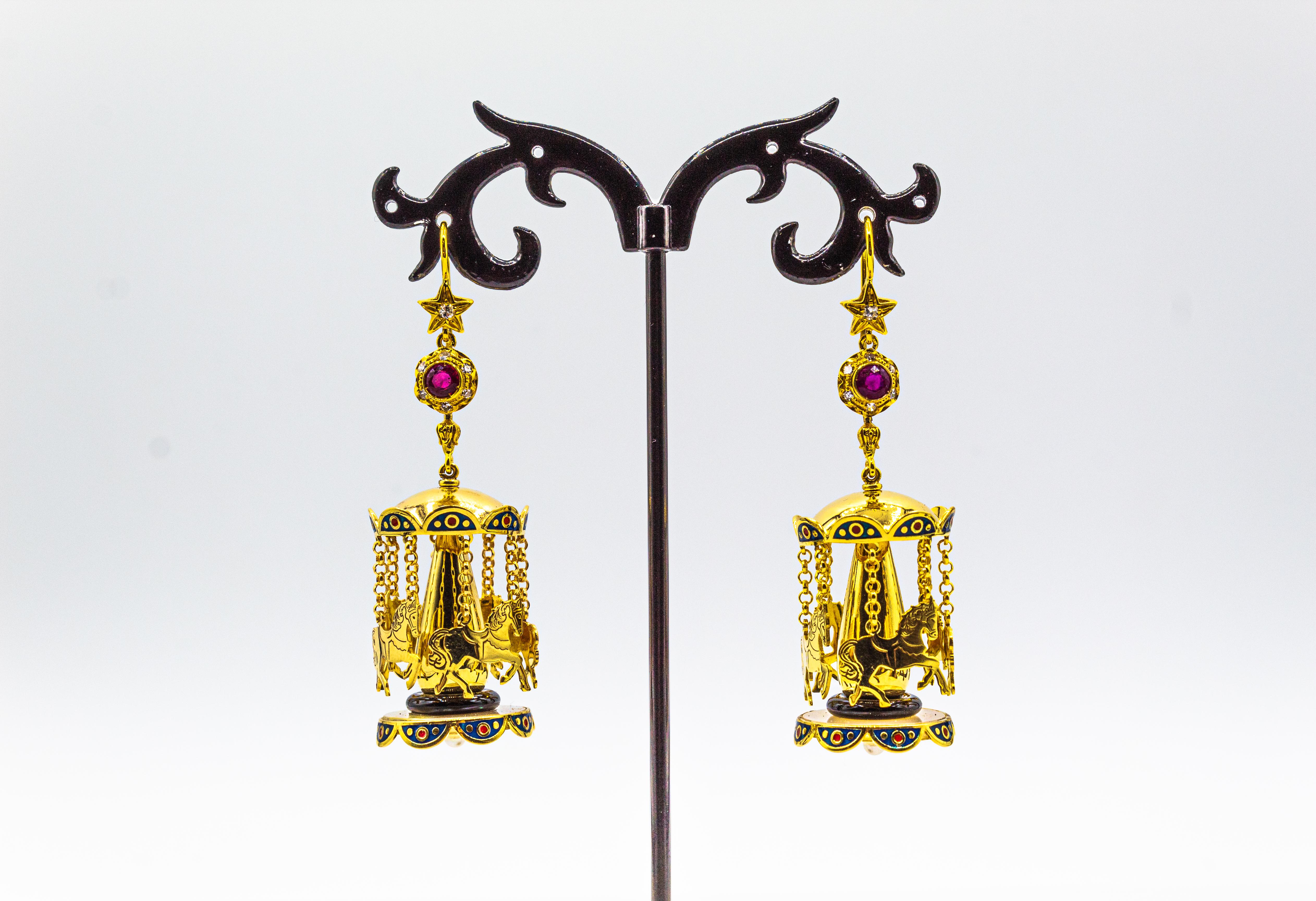 These Stud Earrings are made of 9K Yellow Gold.
These Earrings have 0.25 Carats of White Brilliant Cut Diamonds.
These Earrings have 0.80 Carats of Rubies.
These Earrings have Mother of Pearl and Onyx.
These Earrings have also Enamel and