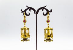 White Diamond Ruby Onyx Pearl Enamel Yellow Gold Stud "Carousel" Earrings