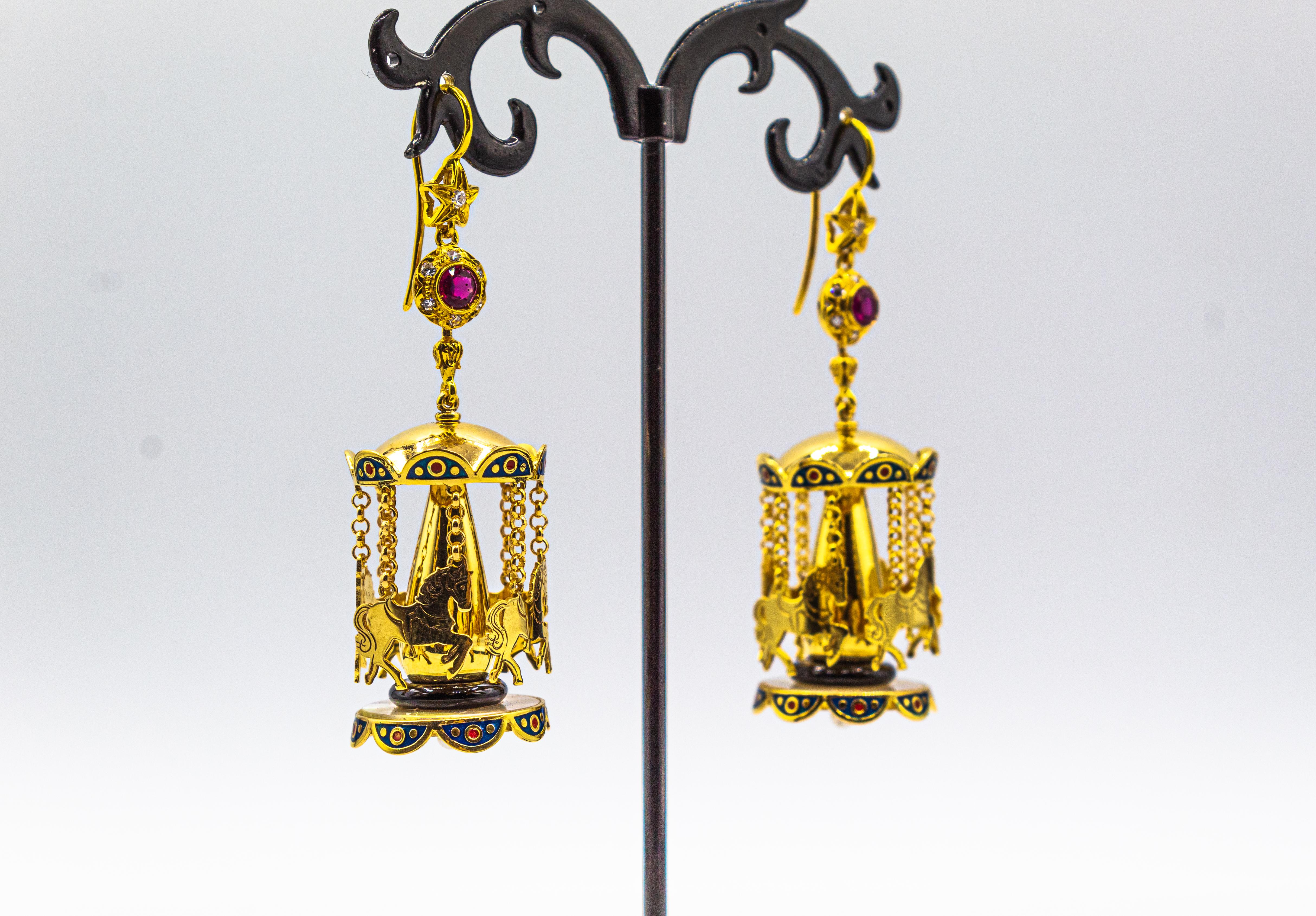 Gelbgold-Ohrstecker „Carousel“ mit weißem Diamant, Rubin, Onyx, Perle und Emaille im Zustand „Neu“ im Angebot in Naples, IT