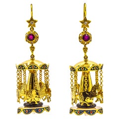 Boucles d'oreilles "Carousel" en or jaune diamant blanc rubis onyx perle émail