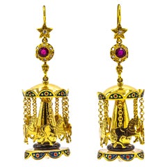 White Diamond Ruby Onyx Pearl Enamel Yellow Gold Stud "Carousel" Earrings