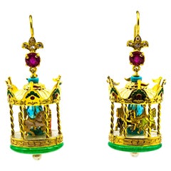 White Diamond Ruby Pearl Jade Enamel Turquoise Yellow Gold "Carousel" Earrings