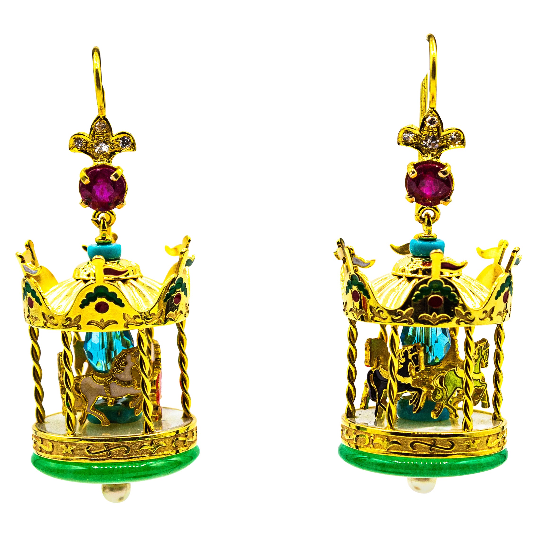 White Diamond Ruby Pearl Jade Enamel Turquoise Yellow Gold "Carousel" Earrings For Sale