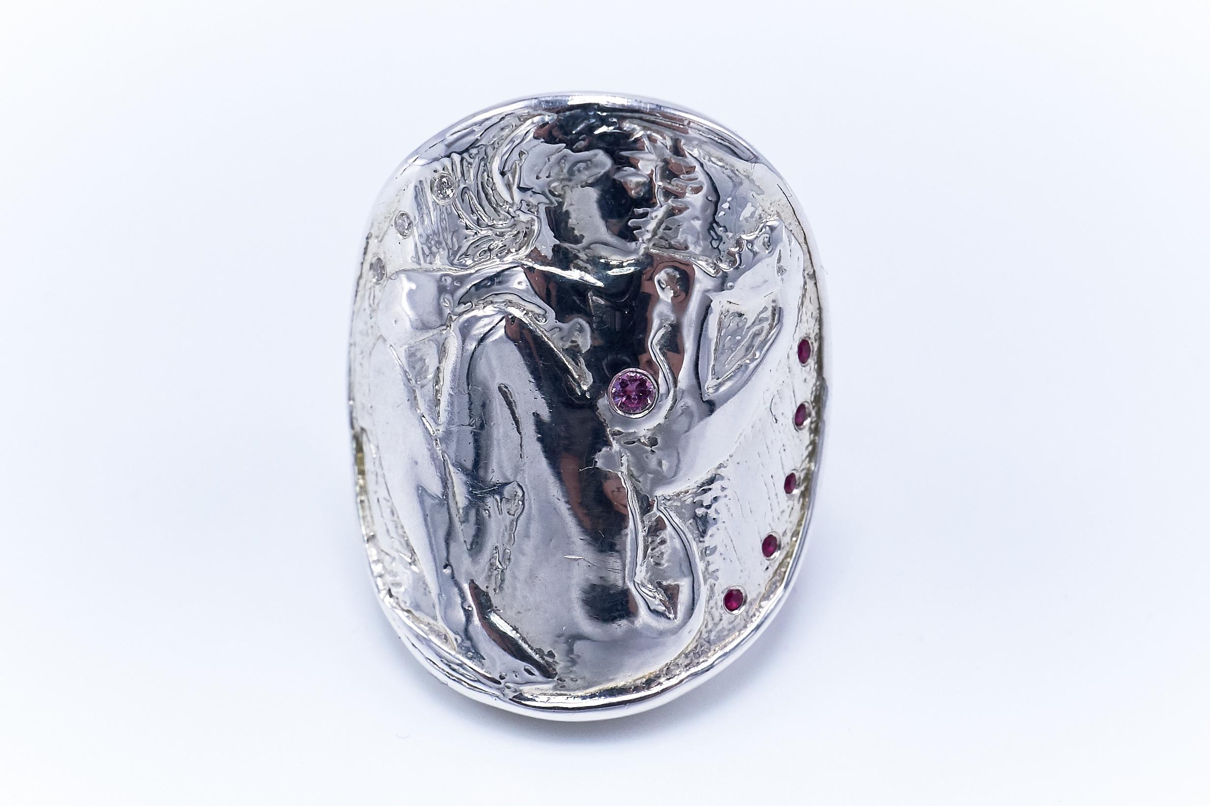 Goldmünze Medaillon-Ring Sterlingsilber Frau weißer Diamant Rubin rosa Saphir J Dauphin im Angebot 1