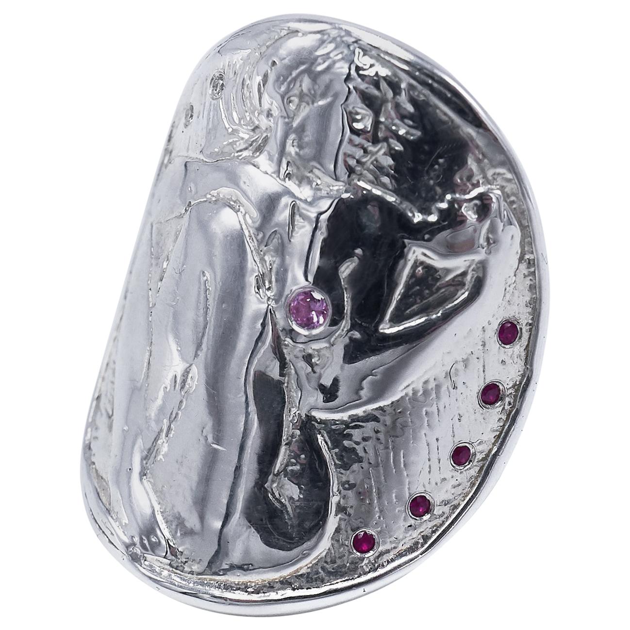 Coin Medal Ring Sterling Silver Woman White Diamond Ruby Pink Sapphire J Dauphin For Sale