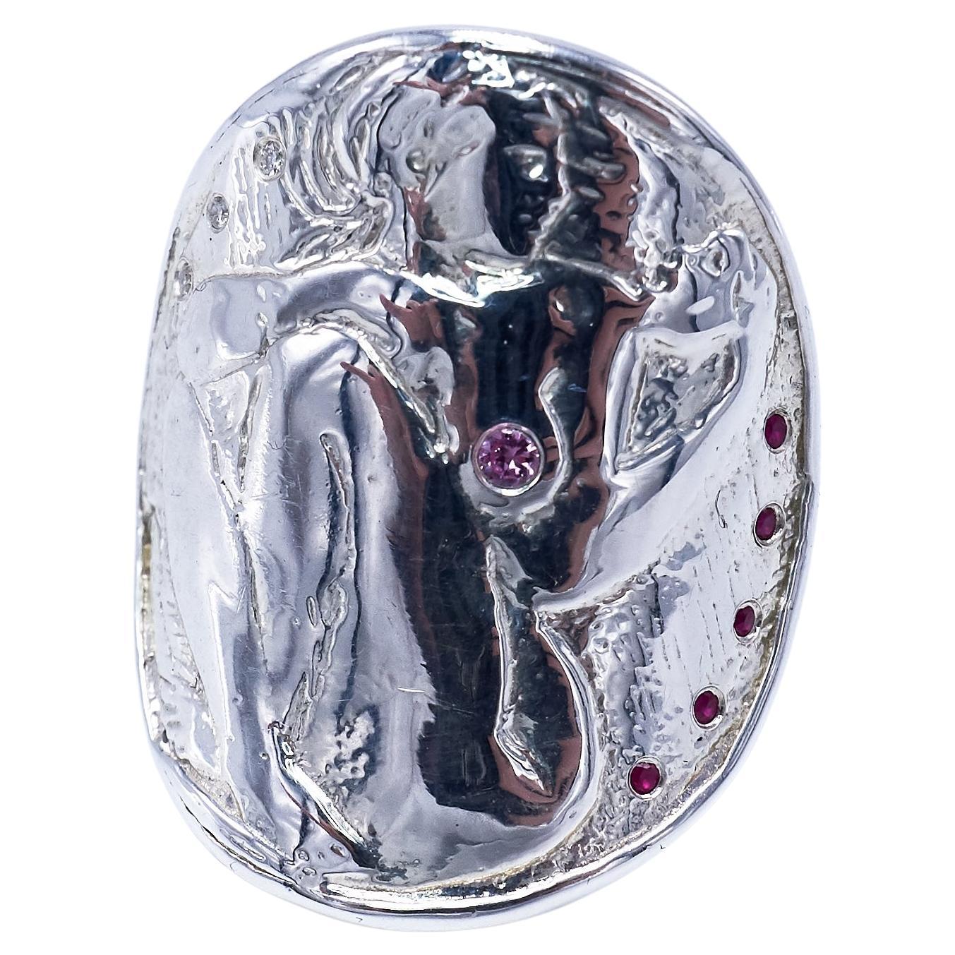 Diamante Blanco Rubí Zafiro Rosa Medalla Anillo Moneda Plata Mujer J DAUPHIN en venta