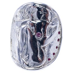 Medaillon-Ring, weißer Diamant Rubin Rosa Saphir Medaillon Silber Frau J Dauphin